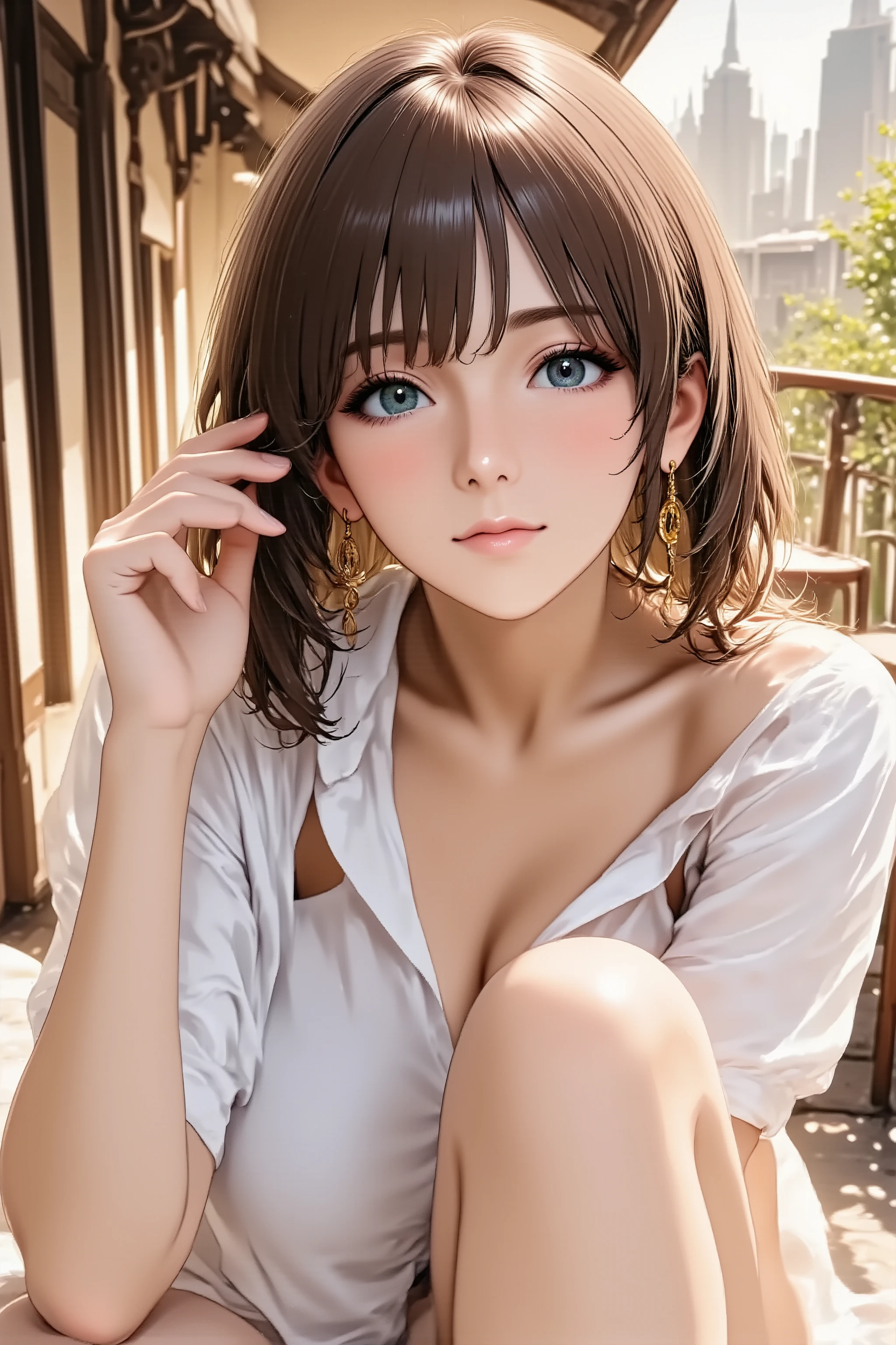 Anime style illustration, masterpiece, ultra detailed, vivid colors, soft ambient light, high resolution, realistic textures, Eye-level shot, thigh-up portrait, standing straight, A charming mature woman, face gently lifted, soft downward glance at viewer, sweet smile, feminine pose, playful expression, light makeup, sparkling eyes, glossy coral lipstick, beautiful 5-fingered hands playfully touching her hair, good hand , Wearing an elegant blouse and flowy skirt, soft wavy hair, delicate earrings, sunny cafe terrace background, soft bokeh, natural light