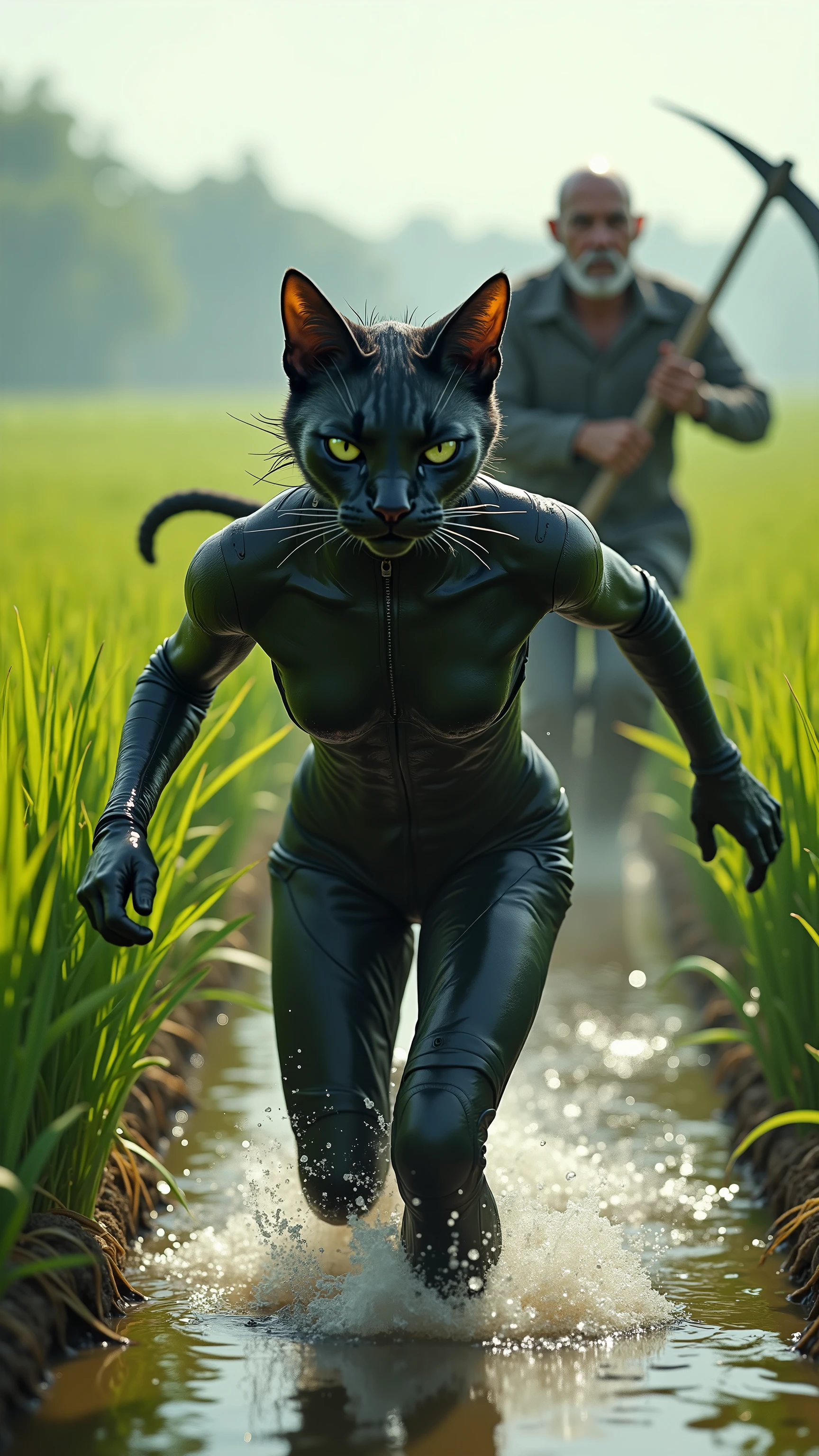 high-definition images、A cat girl in a black suit from Ghost in the Shell、is fleeing through a rice field filled with water、being chased by an old man with a sickle