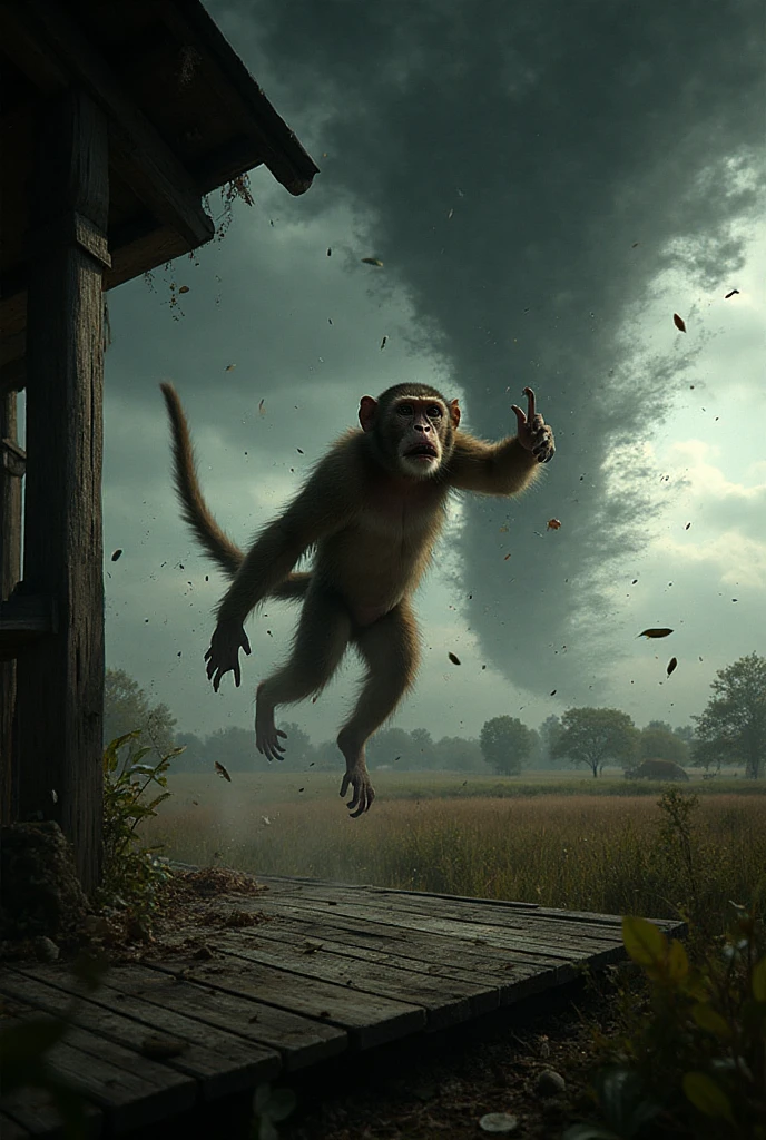 Monkey getting flung by tornado in a porch - SeaArt AI