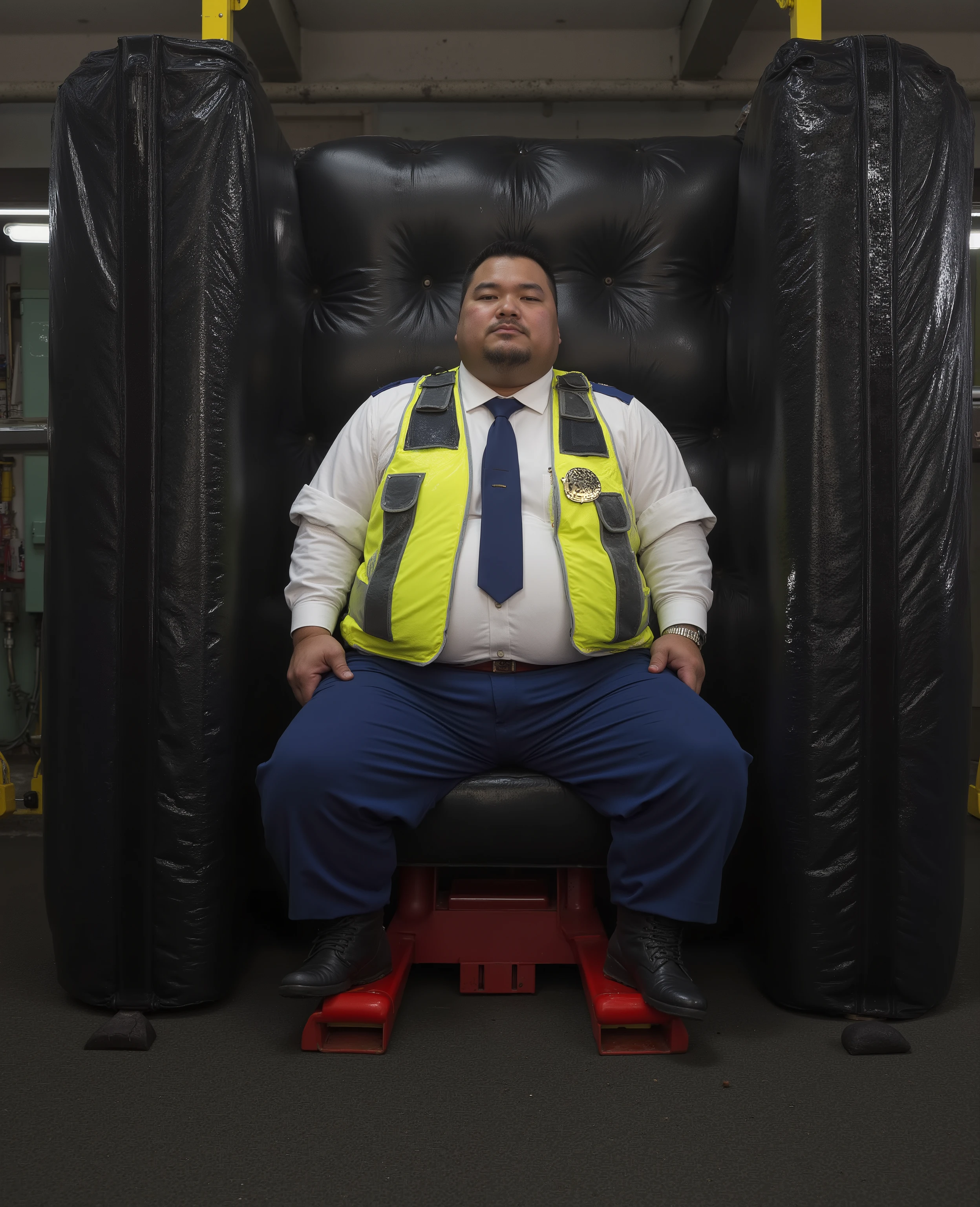 in a lighted abandoned warehouse,  a dripping with sweat 32 year old 280 pound fat belly Japanese male police man sitting on a padded red stool between two heavy thick black shiny rubber mattresses mounted on hydraulics intended to squeeze the man, robust stocky body, voluptuous, wide torso, beefcake pose, beefy, complete body view, full-length view, smooth skin, wearing a soaking wet tight thin white shirt with long sleeves rolled up, His shirt is buttoned all the way to the top, the shirt has yellow stains at the armpits, a navy blue tie, a shining yellow high visibility patrol vest, blue uniform trousers and thick shiny red belt,  black military boots, thick thighs, massive thighs, extraordinarily thick legs, super cute, droopy sleepy eyes, good looking, hot hunky uncle, black thick beard, a portrait from the front, sitting with his hands back of his , legs spread apart, policeman, full body picture, good looking Japanese man, from head to toe