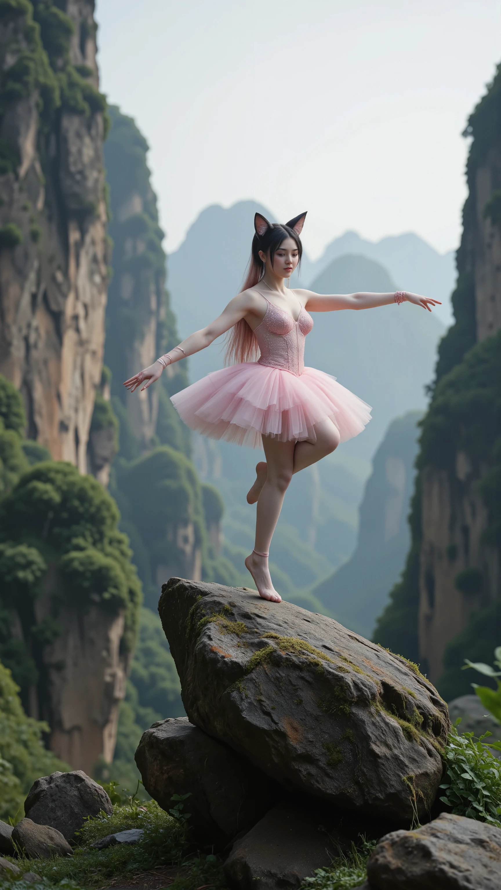 high-definition images、karst terrain in Guizhou, China「Wan Fenglin」、On a sharp rock、ballerina cat girl lifts one leg to balance