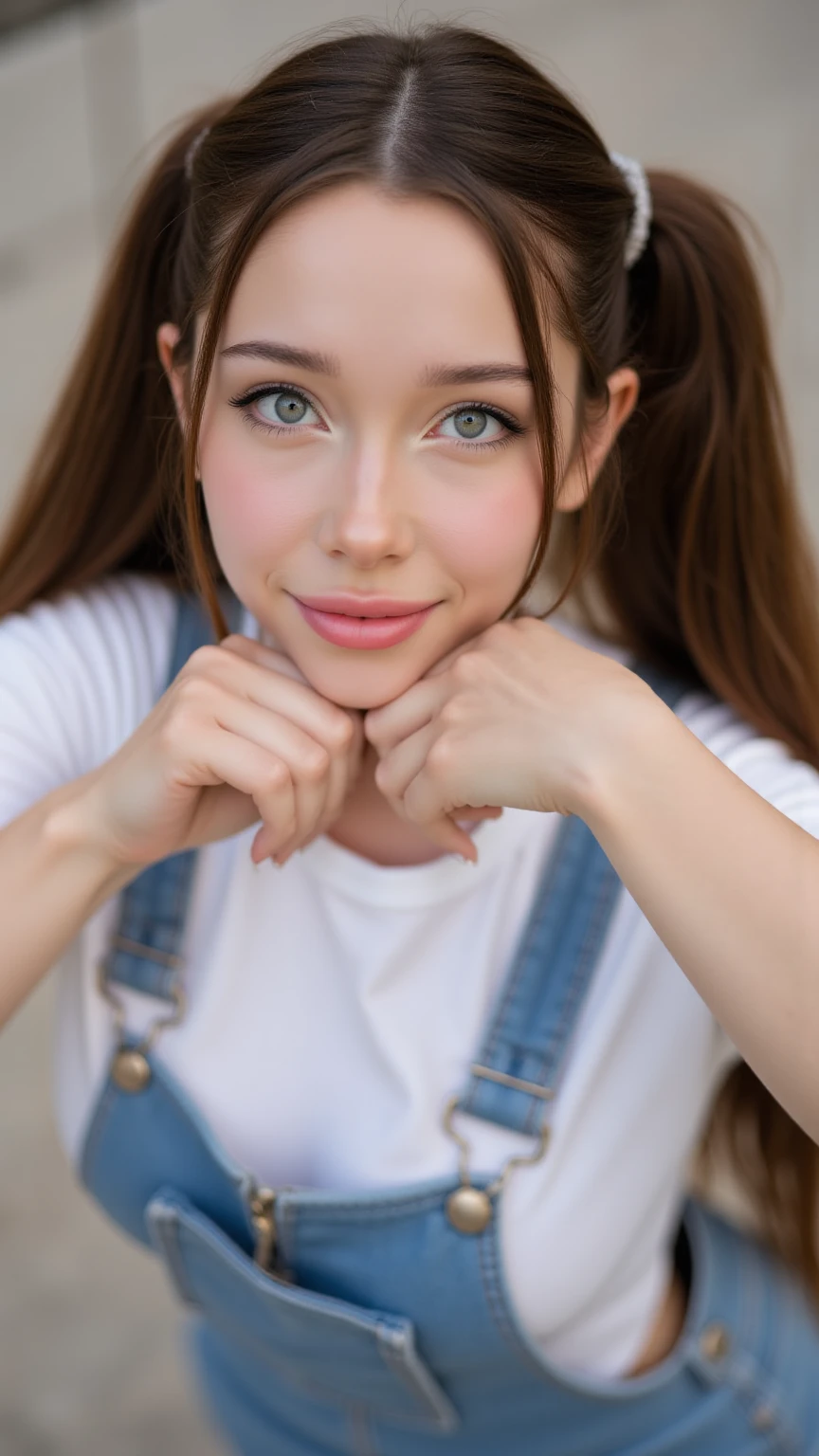 White woman, 35 years old, Brown hair, long hair, Nice hair, pigtail hair, Nice face, simetric face, Green eyes, Nice body, BLUE , laughing, earrings 