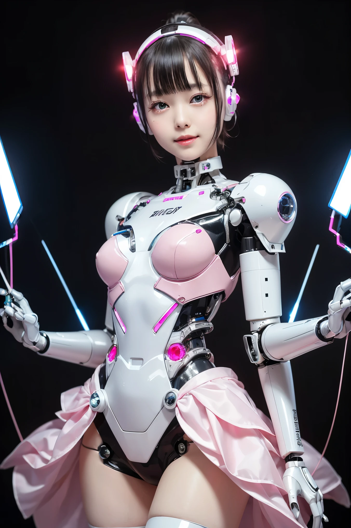 (Smiling Portrait )、(Highest Quality, And high-precision, masterpiece:1.2), (ballerina robot dancing:1.6)、(ballerina robot with gold glasses:1.6)、detail, Realistic:1.37、Futuristic Sparkling Pink and White Ballet Costume Remake, Idle robot、Ballet style robot , ballet costume style suit made of polymer、黒い髪, futuristic necklace in metal ,metal hair accessories, ballet costume 、 ( futuristic sparkling pink and white robot ,cyborg suit with metal parts:1.3),( precision electronic circuit robot that looks like a pink ballet costume :1.43),beautiful idol woman 、staring intently at viewers、(fusion of ballet costume and cyber suit:1.1),Lots of tubes,(セクシーなIdle robot :1.1),big eyes,(glowing eyes:1.3),beautiful skin,Smiling Yang、 short hair 、Beautiful Lips、 big eyes,black short hair、(The background is a cyber laboratory :1.6)、