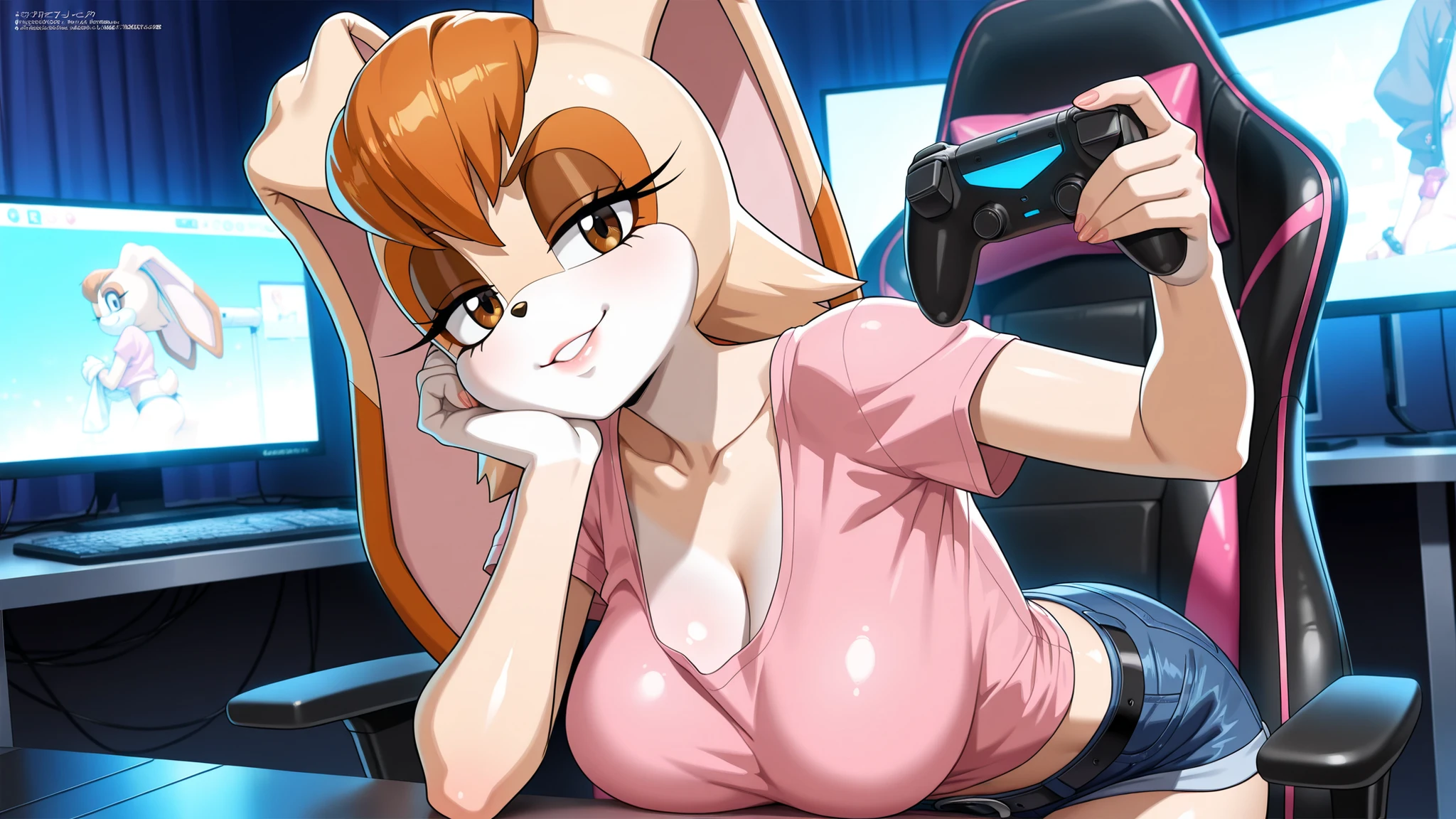 Vanilla the rabbit, brown eyes, rabbit girl, short hair, orange hair, pink t-shirt, blue denim, belt, , (masterpiece, best quality, ultra-detailed, 8k resolution, polished anime art, sensual atmosphere, , alluring body language,  expression, glossy skin highlights, professional anime style illustration), beautiful woman, on a gaming chair, holding a game controller with both hands, confident smile, focused expression, in a colorful gaming setup filled with RGB lights and multiple monitors, warm glow reflecting on his skin, soft background blur, reflections on her skin and equipment, neon lighting in shades of purple, blue, and pink, anime digital art style, cozy and magical atmosphere, soft lighting and warm tones, subtle highlights on the skin, stylish aesthetic, detailed textures, high contrast, cinematic depth of field, ultra-detailed fabric textures, realistic fabric folds and lighting, intricate fabric textures, large   with shiny skin and rounded curves,  playful smile, dynamic yet  pose, festive yet sensual mood, detailed shading, bright highlights, vibrant colors,  yet classy aesthetic.