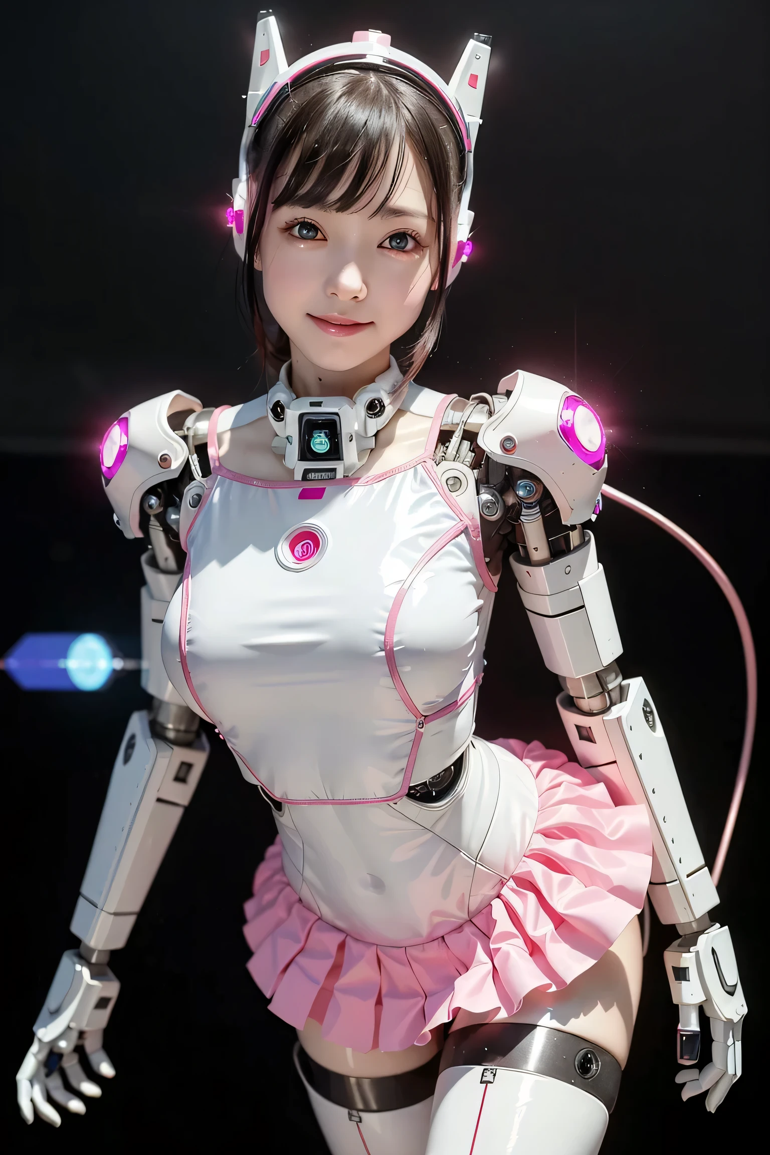(Highest Quality, And high-precision, masterpiece:1.2), (ballerina robot dancing:1.6)、(dancing ballerina bot with open arms:1.6)、detail, Realistic:1.37、Futuristic Sparkling Pink and White Ballet Costume Remake, Idle robot、Ballet style robot , latex ballet costume style suit、futuristic necklace in metal ,metal hair accessories, latex ballet costume 、(pink spread out ballet skirt)、(transparent pink spreading skirt:1.5)、 ( futuristic sparkling pink and white robot ,cyborg suit with metal parts:1.3),( precision electronic circuit robot that looks like a pink ballet costume :1.43),beautiful idol woman 、staring intently at viewers、(fusion of ballet costume and cyber suit:1.1),Lots of tubes,(セクシーなIdle robot :1.1),big eyes,(glowing eyes:1.3),beautiful skin,Smiling Yang、 Tiny Head、short hair 、Beautiful Lips、黒い髪、thin waist、(The background is a cyber laboratory :1.6)、