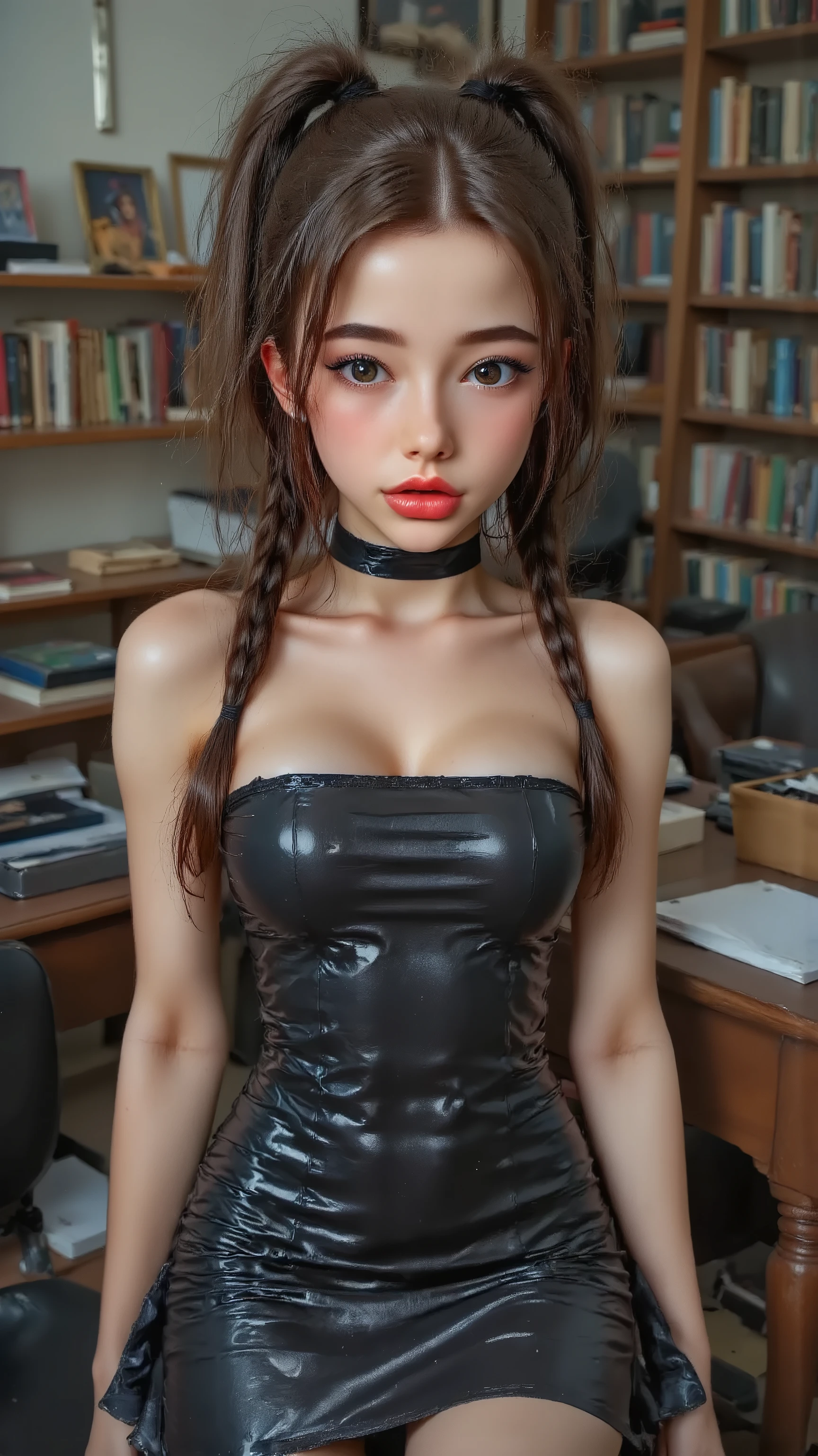 10-year-old small tiny very young prepubescent braidded asian thai girl (lolitas) + skinny asian thai girl + very long braidded pony tail + Very long hair + hair reaching knee + huge thigh gap + plump lips + long pointing tits + big huge oversized breast + bdsm leather choker + tiny leather tube top + super tight leather mini skirt + overknee high heels leather boots + showing face + having huge orgasm + kindergarten + classroom + lying on the ground + children's public