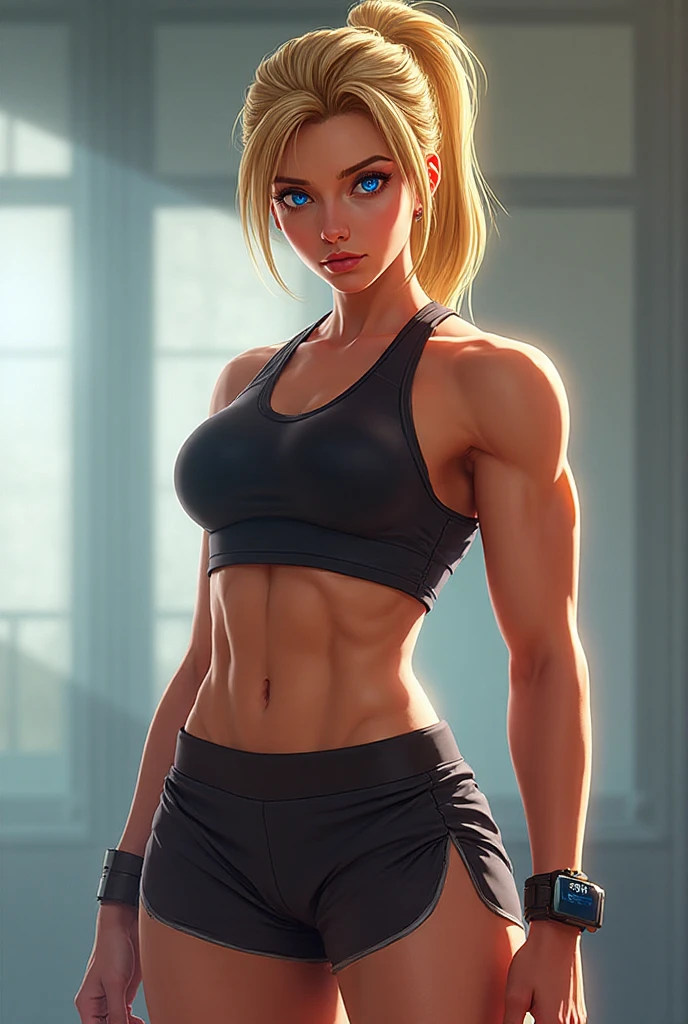 (​masterpiece:1.4)、(top-quality:1.4)、
1girl in, Sports bra and black compression shorts,high socks、a blond, (Brown-skinned), large full , length hair, looking at the viewers, 独奏 ,realisitic,(shinny skin),(​masterpiece:1.4),(top-quality:1.4),red-lips、Non-Brand