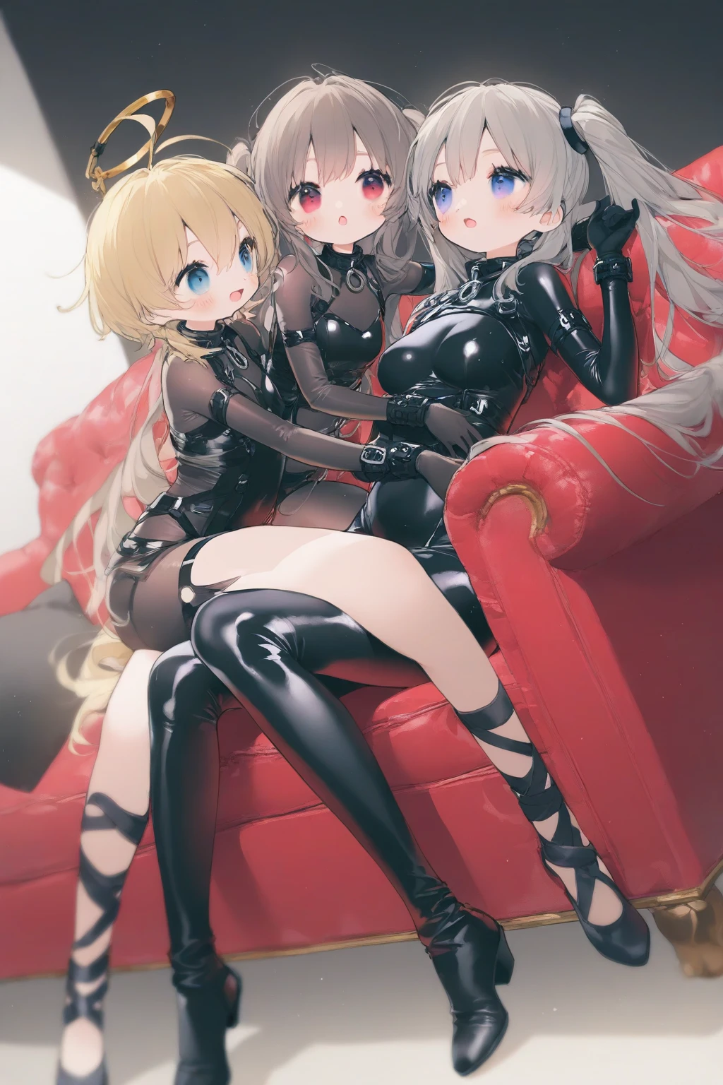 Messy short hair with a transition from dark brown to light blond, black eyes, black short dress, dagger, scorpion tail to match hair color, stockings, black boots, girl