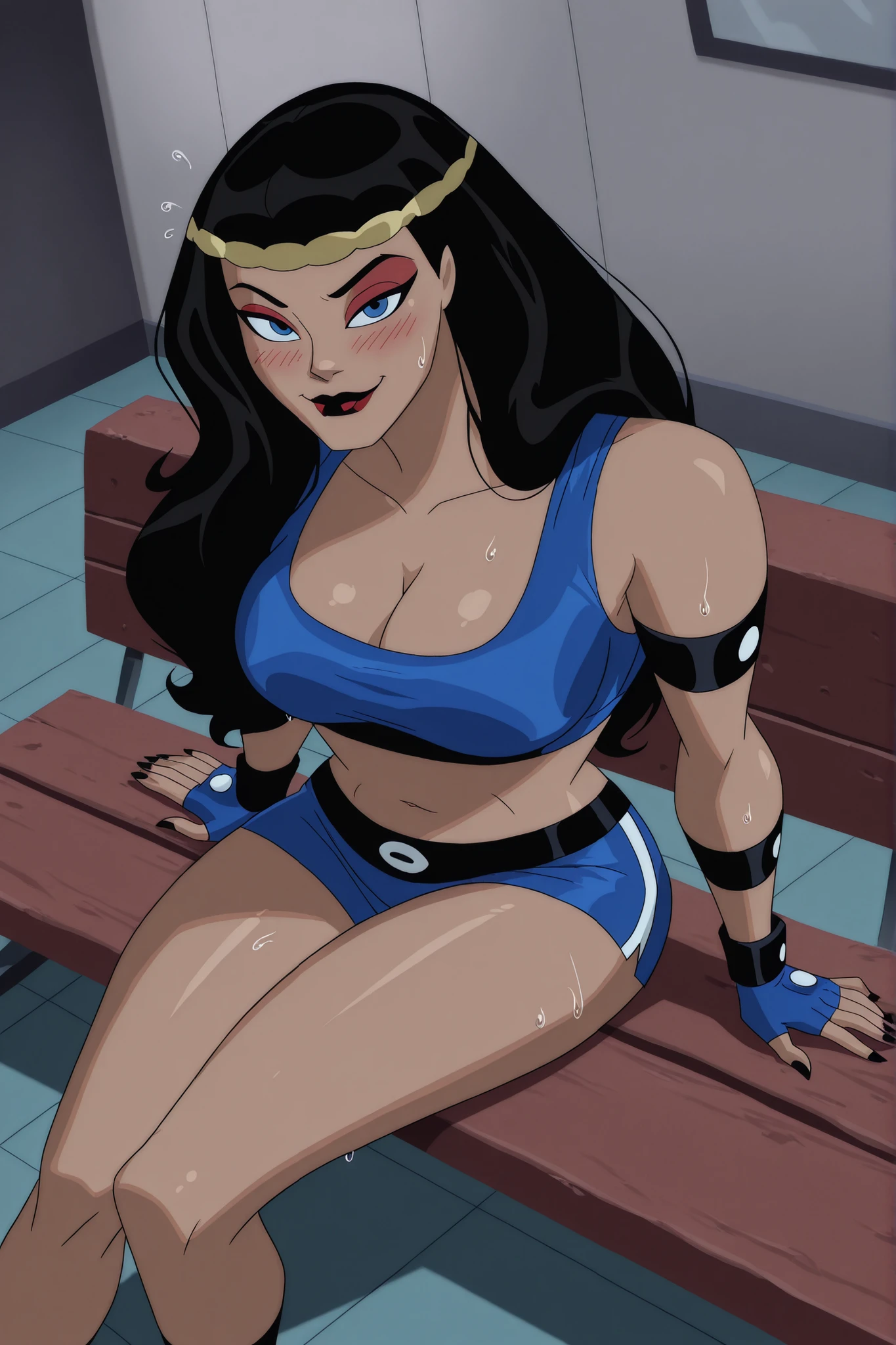 BREAK, score_6_up, score_7_up, score_8_up, score_9, b1gb4rd4, 1girl, solo, long hair, breasts, blue eyes, black hair, jewelry, hairband, dark red lips, lipstick, makeup, black nails, large breasts, busty, cleavage, curvy, athletic, looking at viewer, seducing viewer, teasing viewer, seductive expression, smiling, closed mouth, bedroom eyes, blue sports bra, blue gym shorts, blue fingerless gloves, indoors, gym, sitting on bench, closeup, portrait, upper body, high-angle view, dark red eyeshadow, sweaty, sweat drops, blushing