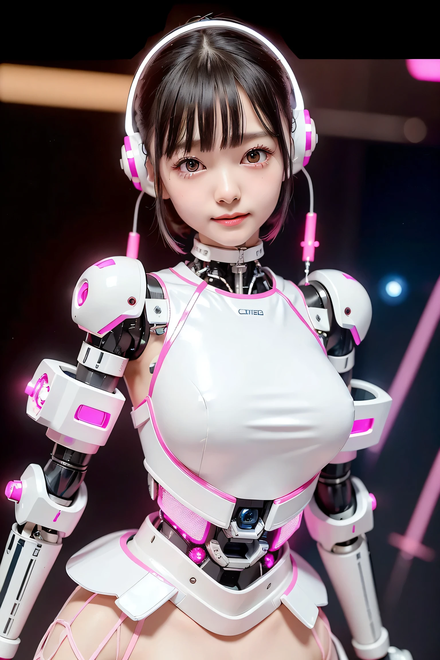 (Highest Quality, And high-precision, masterpiece:1.2), (ballerina robot dancing:1.6)、(Upward Warping Pose:1.6)、(Ballerina Bot:1.6)、detail, Realistic:1.37、Futuristic Sparkling Pink and White Ballet Costume Remake, Idle robot、Ballet style robot , ballet costume style suit made of polymer、黒い髪, futuristic necklace in metal ,metal hair accessories, ballet costume 、(pink spread out ballet skirt)、 ( futuristic sparkling pink and white robot ,cyborg suit with metal parts:1.3),( precision electronic circuit robot that looks like a pink ballet costume :1.43),beautiful idol woman 、staring intently at viewers、(fusion of ballet costume and cyber suit:1.1),Lots of tubes,(セクシーなIdle robot :1.1),big eyes,(glowing eyes:1.3),beautiful skin,Smiling Yang、 short hair 、Beautiful Lips、 big eyes,black short hair、(The background is a cyber laboratory :1.6)、