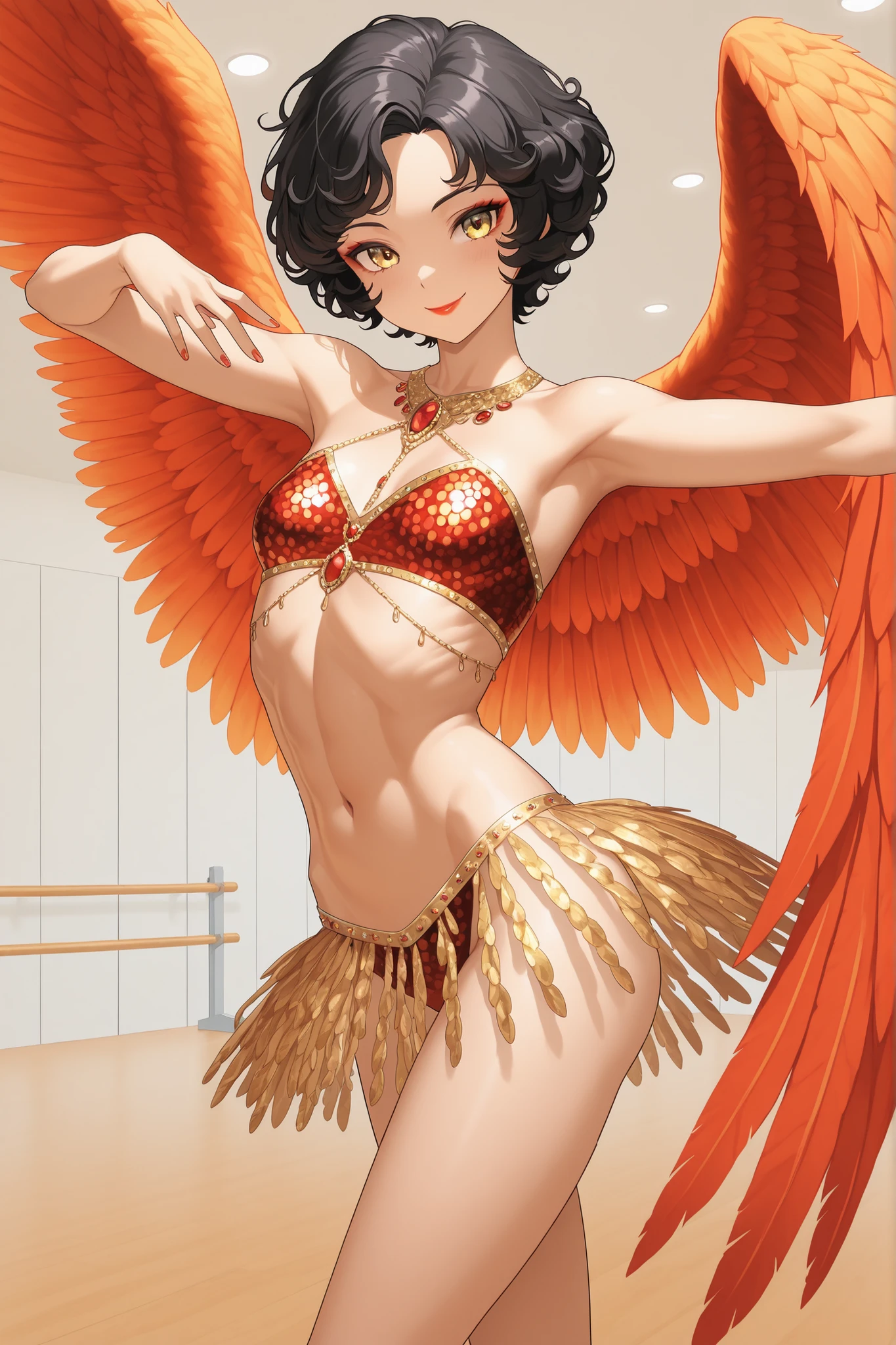 Masterpiece, highly detailed, beautiful Italian woman, olive complexion, short hair, black hair, curly hair, smile, slender figure, athletic body, toned, midriff, small breasts, fiery makeup and lipstick, gold_eyes, red sequined tutu, red and orange feathered costume, phoenix wings, arabesque pose, ballet training room