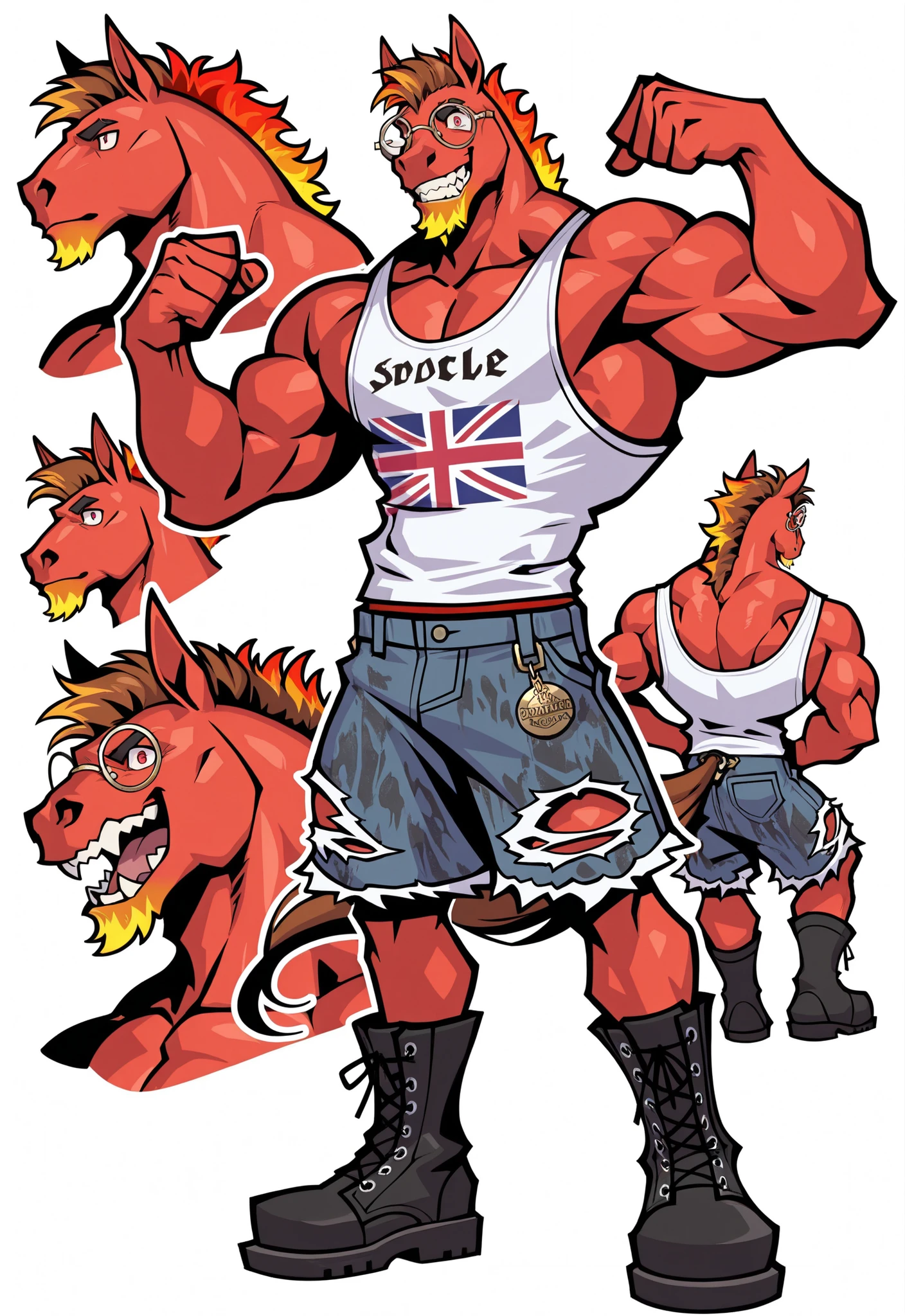 Experienced furry character reference sheet adoptable for Nightmare demon horse Cornelius, masterpiece , modern day alternate universe, white background, full body, multiple views , best quality , masterpiece , masculine , character sheet , dungeon & dragons , visual novel , featured on Pinterest, dynamic. Nightmare demon Cornelius is a fun-loving sinfully corrupted evil monster horse transformed into a massive punk rock n' roll addict! Masterpiece, best quality, amazing quality, solo, 1boy, null-ghost, Cornelius from visual novel "Wolfstar: Sins and Paradise" is a middle-aged medium anthro muscular neon fur color gym horse with roaring flames mane, attitude, horse, massive buff male, strong jawline, stud, perfect horse face, perfect hands, 5 fingers, no defects, wicked grin, horse ears, horse tail, no markings, no watermark, has brown hair, clean shaven neon goatee, masterpiece, best quality, Broad shoulders, union jack decal on pants, wears tiny round glasses, high details, perfect red eyes, award winning, highres, HD, 16k. Brute jock horse, perfect neon eyes, ripped colorful punk clothes, torn tank top with matching ripped shorts and boots, dynamic flexing pose! Massive back, head and pectorals focus. Masculine, buff, broad shoulders, multiple neon color fur, colorful highlights, rainbow goatee, no defects, no watermarks, perfect eyes, 5 fingers, perfect hands. White background, designs are game assets spaced apart and ready for export.