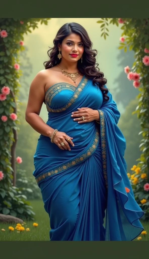 Hiba Nawab half body in 25  years old photography, perfect age, ultra realistic face, (((Stunningly Beautiful persian Princesss ))), elegant blue black updo hair, sweet smile, Beautiful bride posing under a fairy tale arch of exotic magical flowers, (((realistic Springtime Stroll background behind her))) looking back,elaborate scene style, crystal glass lattice, glitter,  embroidered lace, realistic style, 8k,exposure blend, medium shot, bokeh, (hdr:1.4), (cinematic), ( dark tones:1.3), (hyperdetailed:1.2),Realism,1 girl,girl wearing colorful indian saree(((dressed in colourful saree)))(wearing glitter graphics jewelry), (((((Huge boobs))))) ,((((Cropped Breast wear)))),bright light ,long_wavy hair, Bokeh , , indian ,tree branch, colorful ,undersized ,princess dress, lehenga choli, ((Springtime Stroll)), ((((Portrait Photo)))), (((sexy big body shape)))