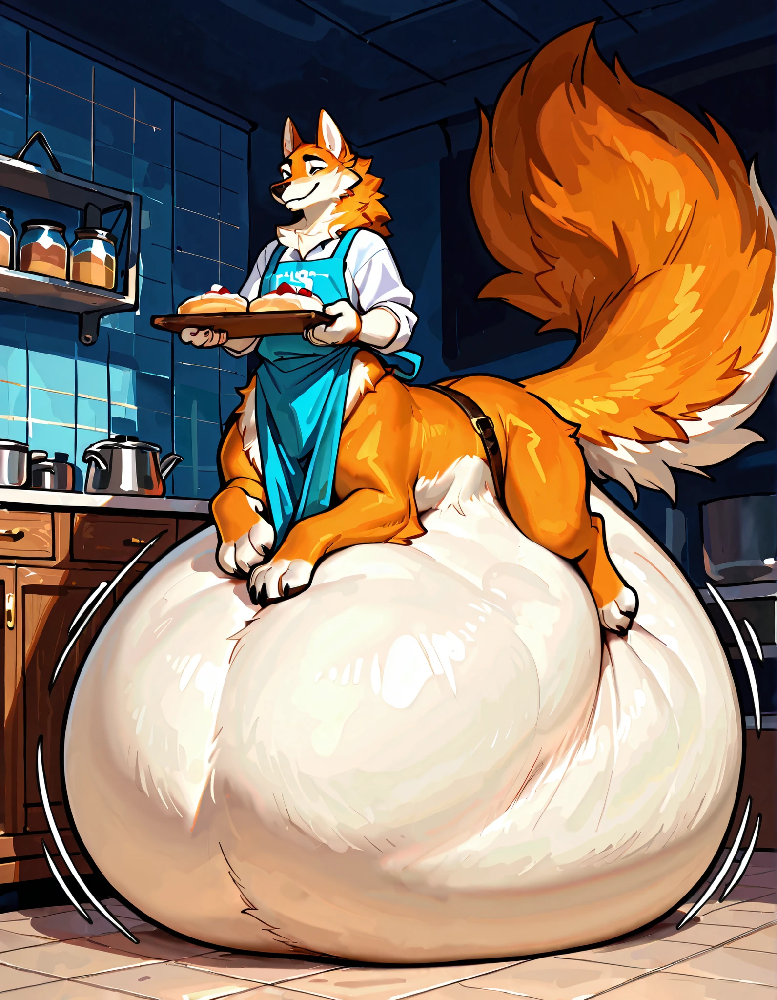 4k ultra quality, 4k full body view,(ultra high detailed body),(wolf taur:1.3),by mystikfox61, by glitter trap boy,feral paws, by bebebebebe,by morethreedee, by seibear,sharp nails,((sfw)),(ultra detailed face),detailed eyes,big tail,(hyper tail:1.2),(detailed tail),fluffy belly,enomorous tail,bigger tail,huge tail,volumetric light,fluffy paws,(wolftaur), beast,(bigger lower body),(thick legs:1.2),(thick paws),master works, super fine, 4k resolution, high quality,high picture detail,illusory engine, Masterpiece,faint lighting,enomorous taur belly, huge taur belly,(hyper belly:1.2),(wearing shirt),(taur mount:1.3),((smaller head)),((enomorous body)),(thick paws),(light orange fur),cream belly fur,creae taur belly fur,big mouth,belly bed,lying,mouth open,big packs,leather belts,multiple belts,(pastel style),in a bakery,(apron),carrying a tray,struggling belly, stretchy belly, tight bulges, struggling stomach, writhing belly,sitting,(vore:1.3),(plug)