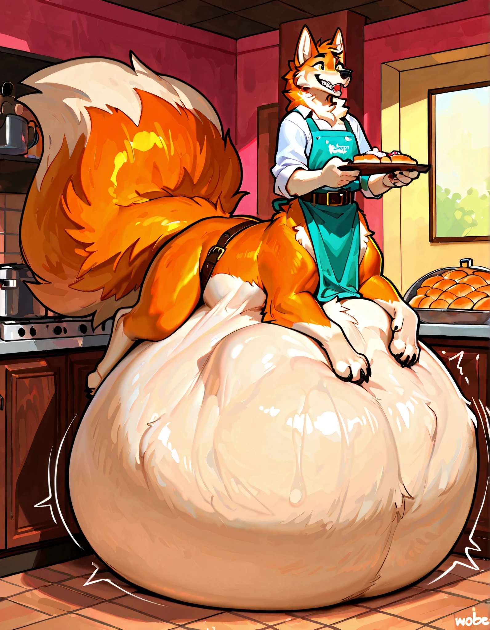 4k ultra quality, 4k full body view,(ultra high detailed body),(wolf taur:1.3),by mystikfox61, by glitter trap boy,feral paws, by bebebebebe,by morethreedee, by seibear,sharp nails,((sfw)),(ultra detailed face),detailed eyes,big tail,(hyper tail:1.2),(detailed tail),fluffy belly,enomorous tail,bigger tail,huge tail,volumetric light,fluffy paws,(wolftaur), beast,(bigger lower body),(thick legs:1.2),(thick paws),master works, super fine, 4k resolution, high quality,high picture detail,illusory engine, Masterpiece,faint lighting,enomorous taur belly, huge taur belly,(hyper belly:1.2),(wearing shirt),(taur mount:1.3),((smaller head)),((enomorous body)),(thick paws),(light orange fur),cream belly fur,creae taur belly fur,big mouth,belly bed,lying,mouth open,big packs,leather belts,multiple belts,(pastel style),in a bakery,(apron),carrying a tray,struggling belly, stretchy belly, tight bulges, struggling stomach, writhing belly,sitting,(vore:1.3),(plug)