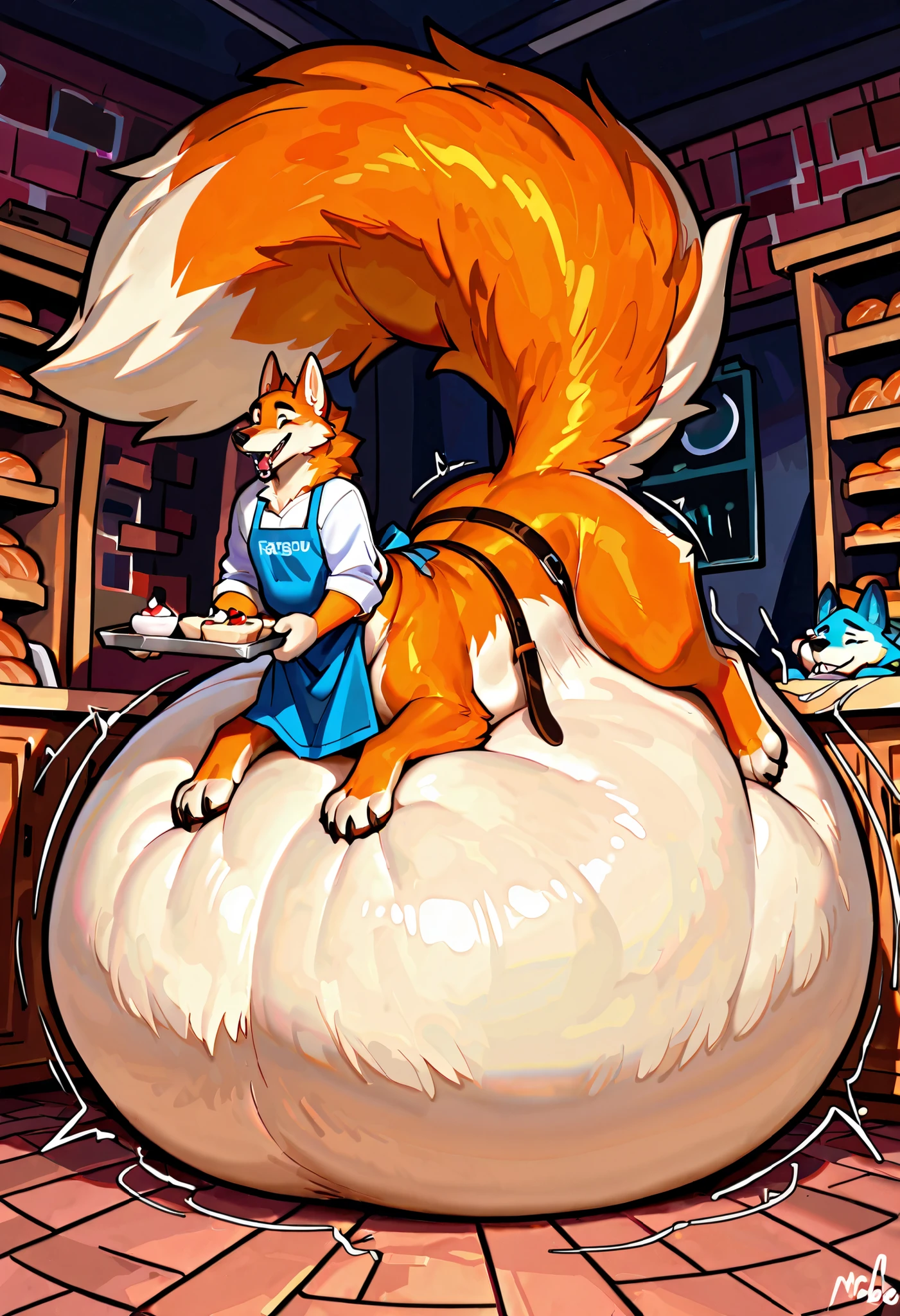 4k ultra quality, 4k full body view,(ultra high detailed body),(wolf taur:1.3),by mystikfox61, by glitter trap boy,feral paws, by bebebebebe,by morethreedee, by seibear,sharp nails,((sfw)),(ultra detailed face),detailed eyes,big tail,(hyper tail:1.2),(detailed tail),fluffy belly,enomorous tail,bigger tail,huge tail,volumetric light,fluffy paws,(wolftaur), beast,(bigger lower body),(thick legs:1.2),(thick paws),master works, super fine, 4k resolution, high quality,high picture detail,illusory engine, Masterpiece,faint lighting,enomorous taur belly, huge taur belly,(hyper belly:1.2),(wearing shirt),(taur mount:1.3),((smaller head)),((enomorous body)),(thick paws),(light orange fur),cream belly fur,creae taur belly fur,big mouth,belly bed,lying,mouth open,big packs,leather belts,multiple belts,(pastel style),in a bakery,(apron),carrying a tray,struggling belly, stretchy belly, tight bulges, struggling stomach, writhing belly,(sitting),(vore:1.3),(plug)