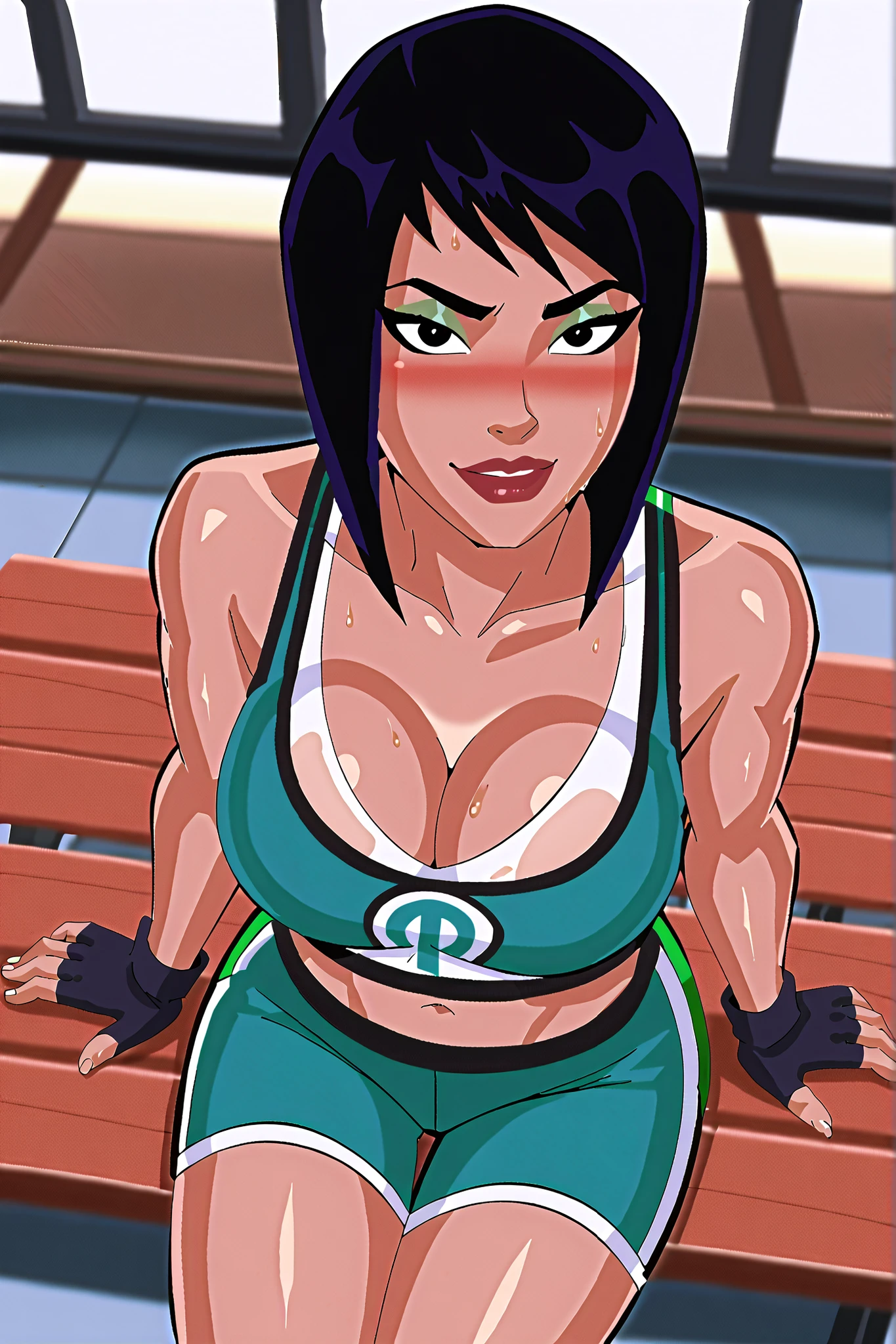 solo, 1girl, looking at viewer, seducing viewer, teasing viewer, bob cut, black hair, black eyes, tan skin, , cleavage, BREAK, score_8_up, score_7_up, score_9, score_6_up, high quality, best quality, face focus, lipstick, makeup, expression, bedroom eyes, smiling, closed mouth, busty, dark green sports bra, dark green gym shorts, dark green fingerless gloves, indoors, sitting on bench, gym, high-angle view, green eyeshadow, closeup, portrait, upper body, sweaty, sweat drops, blushing
