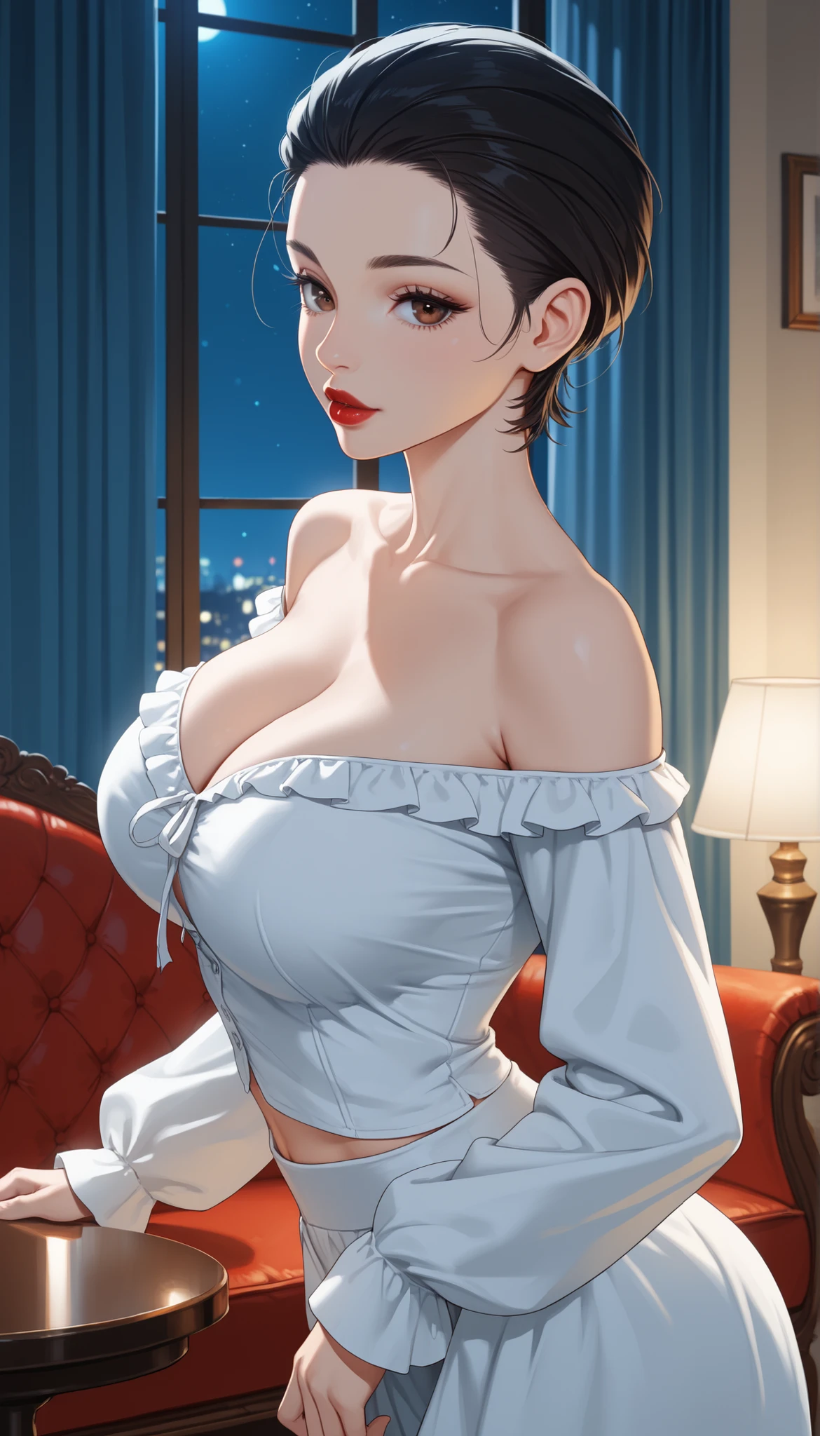 (Wall White, Blue Curtains, Window With Night Sky, Frame, Lamp, Table Vases, Red Sofas Chesterfield), Black Hair, (Pixie Slicked Back Hair), ((Forehead)), Black Thin Eyebrows, Brown Eyes, Thick Lips, Red Lips, Perfect Lips, Collarbone, Cleavage, ((Large Breasts)), Small Waist, Normal Midriff, (White Off Shoulder Blouse Long Sleeves), Perfect Face, From Side, Looking At Viewer