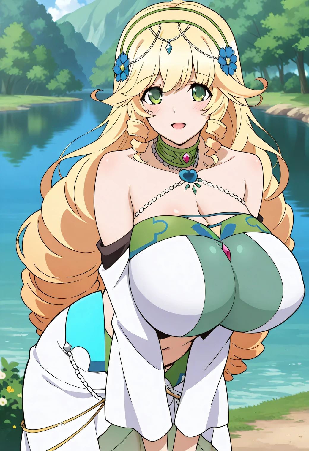 masterpiece, best quality, very aesthetic, absurdres, newest,
Sofya_O, 1girl,solo,blonde hair, green eyes,long drill hair,flower hairband,tiara,
jewellery necklaces, choker,bare shoulders top,navel,detached sleeves,sarong,see-through skirt, gigantic breasts, clevage,
open mouth,smile, blush, shy, happy, looking at viewer,v arms,blush,lake, bending forward, from side, from behind, cowboy shot,