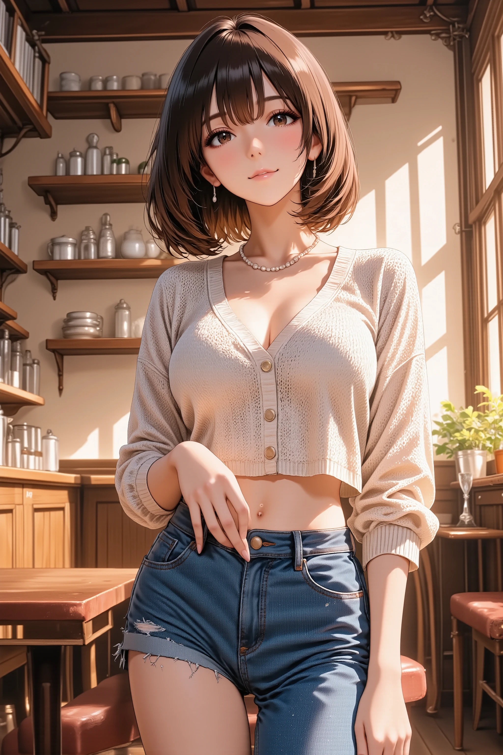 Anime style illustration, masterpiece, ultra detailed, vivid colors, soft ambient light, high resolution, realistic textures, Eye-level shot, thigh-up portrait, slightly off-center composition, A mature woman, relaxed smile, warm gaze, natural pose, beautiful 5-fingered hands, slender fingers, detailed hand anatomy, standing straight, good posture, Wearing a fashionable knit sweater and jeans, short bob haircut, light makeup, pearl necklace, cozy cafe interior background, soft bokeh, cinematic lighting