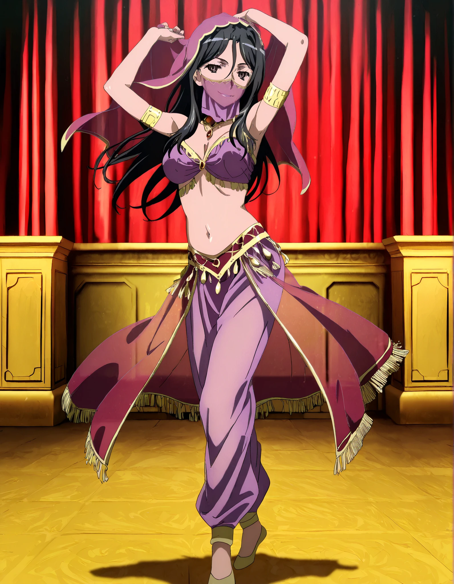 (1girl:1 . 5) , (Seul:1 . 5) , score_9 , score_8_haut , score_7_haut , source_anime , Official work , ultra-detailed , masterpiece , better quality , high resolution , beaux yeux , detailed eyes , Detailed face , beautiful detailed eyes, long hair, black hair, brown eyes, hair between eyes, parted bangsToaru Kagaku no Railgun,Fukiyose Seiri,Arabian Clothes , Arabian Dancer Outfit ,belly dancer costume,belly dancer outfit ,full body,golden jewelery,mouth veil,armlet, belly dancing,arabian theater,seductive smile, dancing with veil, dynamic movement,dance posture, seductive pose