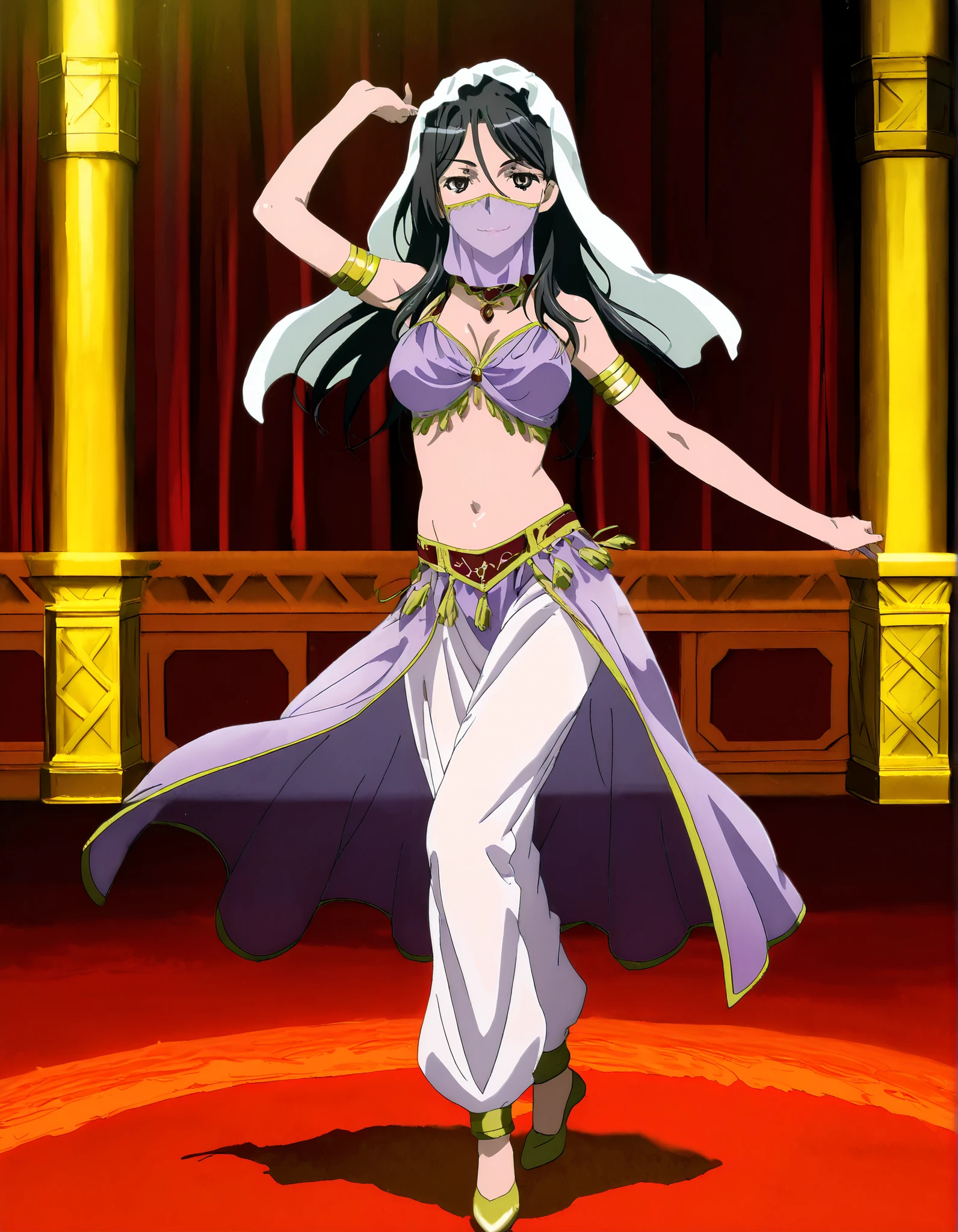 (1girl:1 . 5) , (Seul:1 . 5) , score_9 , score_8_haut , score_7_haut , source_anime , Official work , ultra-detailed , masterpiece , better quality , high resolution , beaux yeux , detailed eyes , Detailed face , beautiful detailed eyes, long hair, black hair, brown eyes, hair between eyes, parted bangsToaru Kagaku no Railgun,Fukiyose Seiri,Arabian Clothes , Arabian Dancer Outfit ,belly dancer costume,belly dancer outfit ,full body,golden jewelery,mouth veil,armlet, belly dancing,arabian theater,seductive smile, dancing with veil, dynamic movement,dance posture, seductive pose