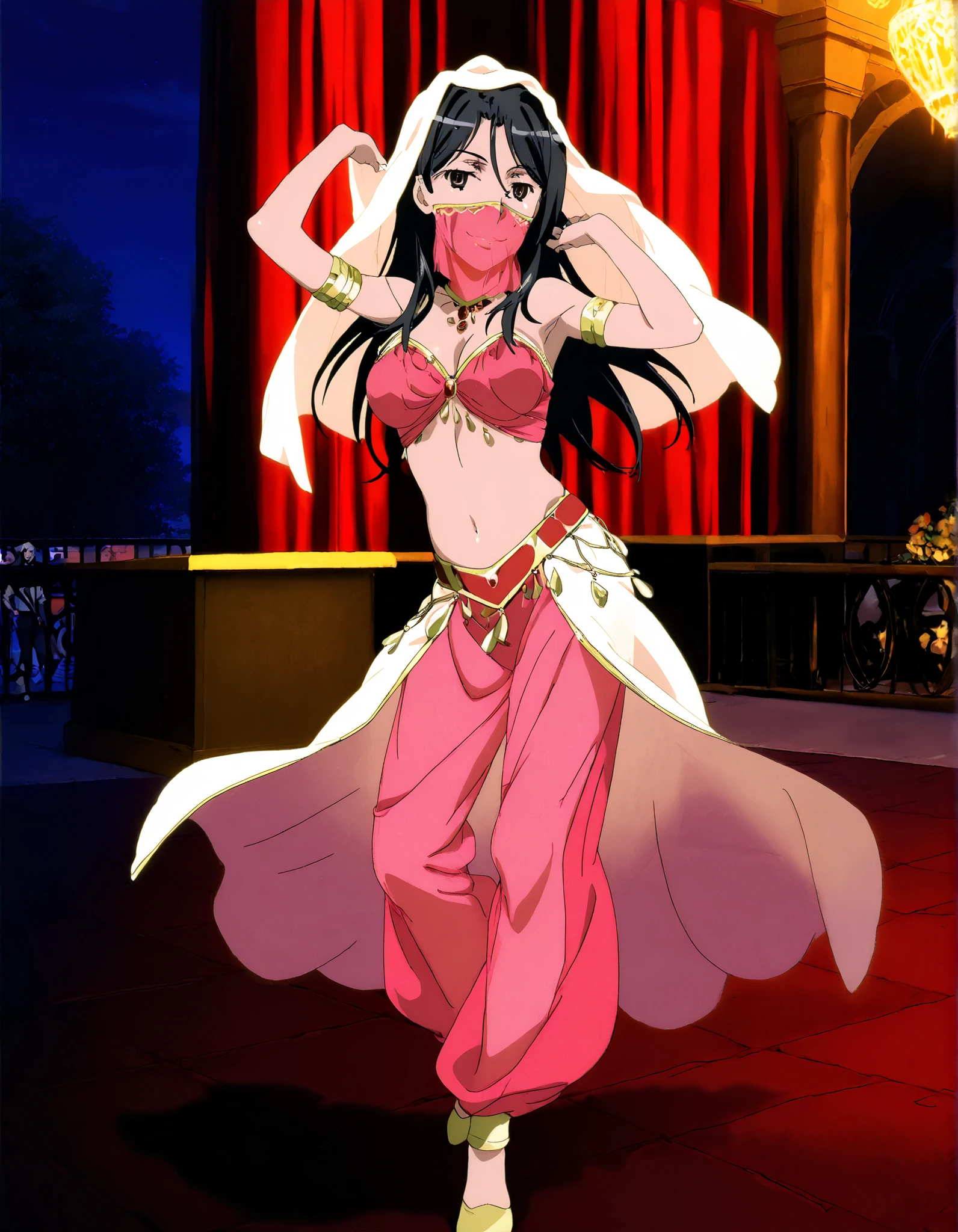 (1girl:1 . 5) , (Seul:1 . 5) , score_9 , score_8_haut , score_7_haut , source_anime , Official work , ultra-detailed , masterpiece , better quality , high resolution , beaux yeux , detailed eyes , Detailed face , beautiful detailed eyes, long hair, black hair, brown eyes, hair between eyes, parted bangs,Toaru Kagaku no Railgun,Fukiyose Seiri,Arabian Clothes , Arabian Dancer Outfit ,belly dancer costume,belly dancer outfit ,full body,golden jewelery,mouth veil,armlet, belly dancing,night,arabian garden,seductive smile, dancing with veil, dynamic movement,dance posture, seductive pose