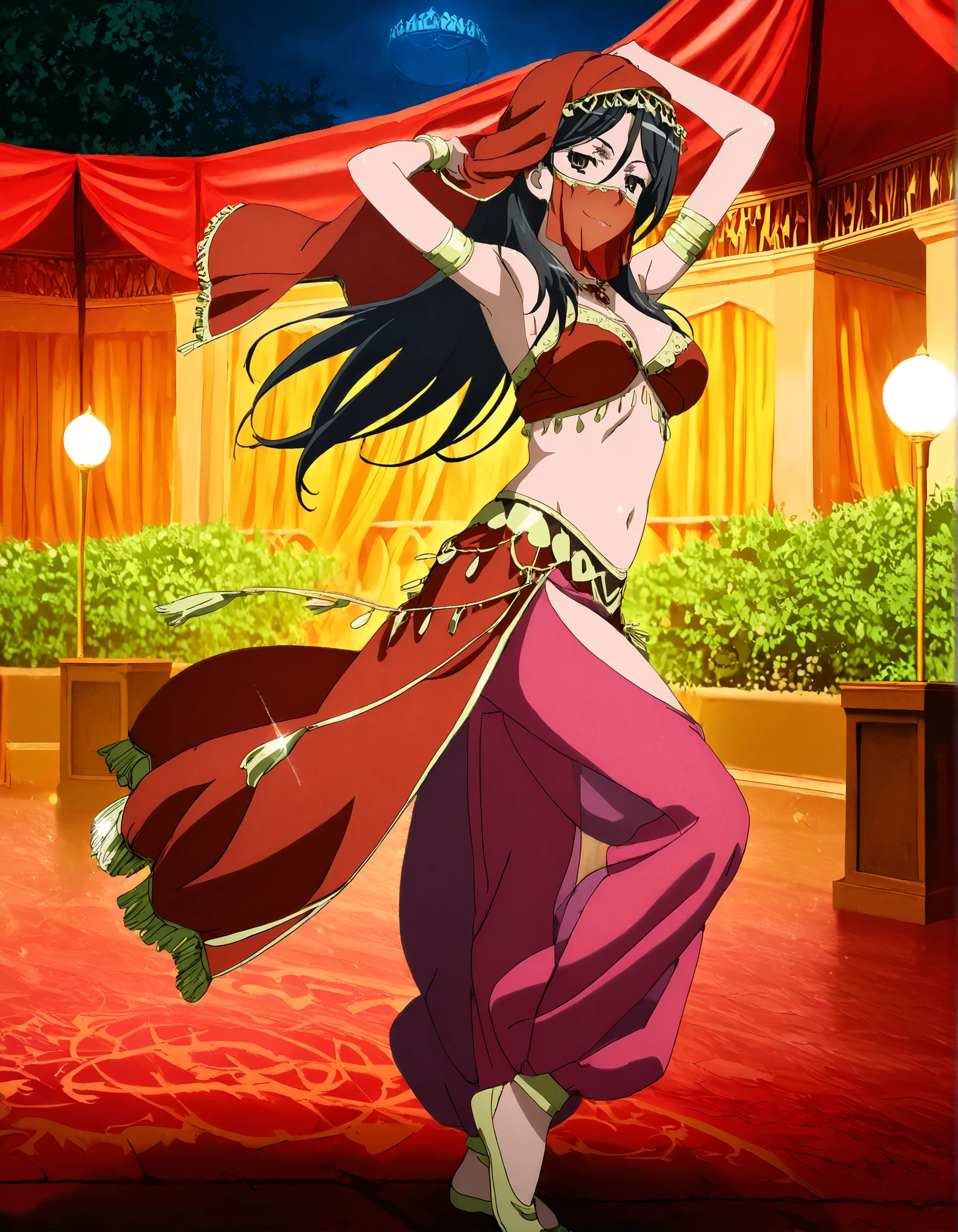 (1girl:1 . 5) , (Seul:1 . 5) , score_9 , score_8_haut , score_7_haut , source_anime , Official work , ultra-detailed , masterpiece , better quality , high resolution , beaux yeux , detailed eyes , Detailed face , beautiful detailed eyes, long hair, black hair, brown eyes, hair between eyes, parted bangs,Toaru Kagaku no Railgun,Fukiyose Seiri,Arabian Clothes , Arabian Dancer Outfit ,belly dancer costume,belly dancer outfit ,full body,golden jewelery,mouth veil,armlet, belly dancing,night,arabian garden,seductive smile, dancing with veil, dynamic movement,dance posture, seductive pose