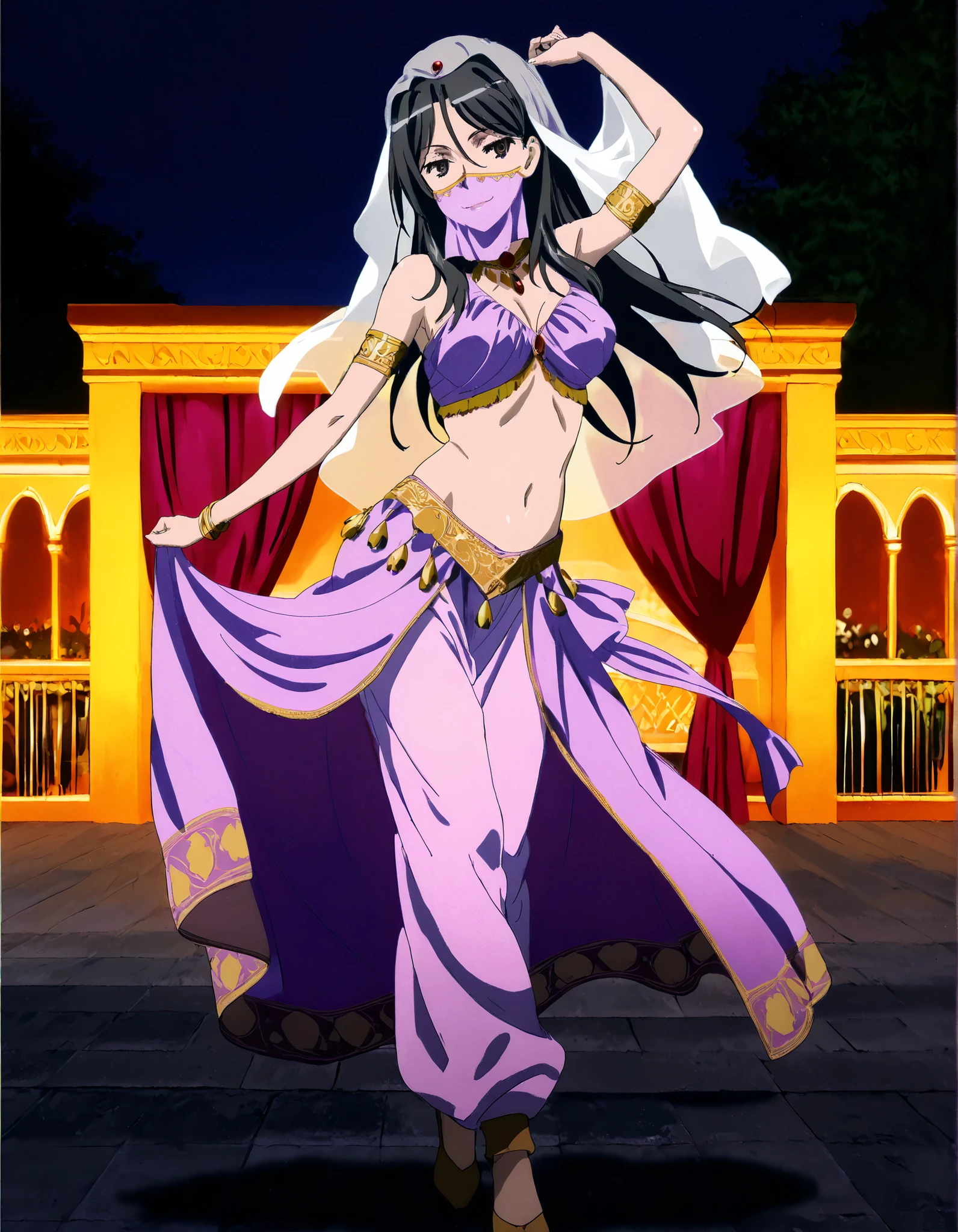 (1girl:1 . 5) , (Seul:1 . 5) , score_9 , score_8_haut , score_7_haut , source_anime , Official work , ultra-detailed , masterpiece , better quality , high resolution , beaux yeux , detailed eyes , Detailed face , beautiful detailed eyes, long hair, black hair, brown eyes, hair between eyes, parted bangs,Toaru Kagaku no Railgun,Fukiyose Seiri,Arabian Clothes , Arabian Dancer Outfit ,belly dancer costume,belly dancer outfit ,full body,golden jewelery,mouth veil,armlet, belly dancing,night,arabian garden,seductive smile, dancing with veil, dynamic movement,dance posture, seductive pose