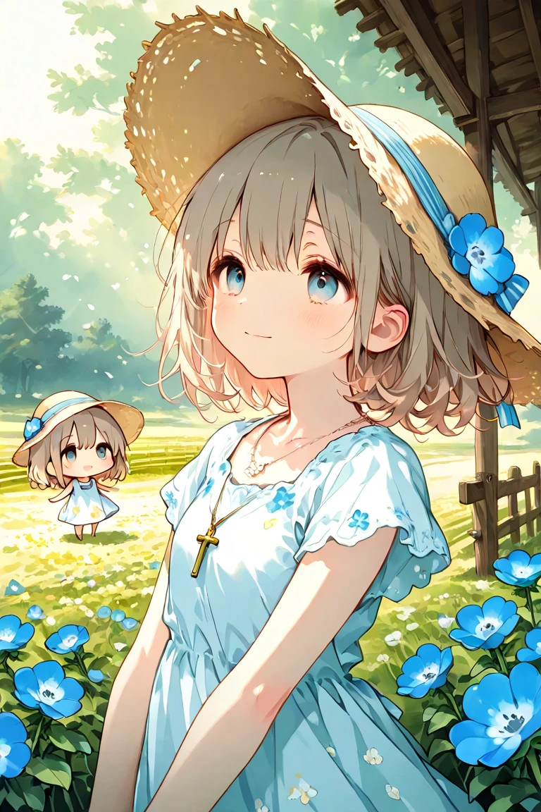 Beautiful illustration, best quality, cute girl, ((Traditional House at background)), grass, stonebrick path, pastel color, natural tones, brown bangs, ((Catgirl)), ((Swimsuit)), happy, bright lighting, big eyes, ((Perfect hands))