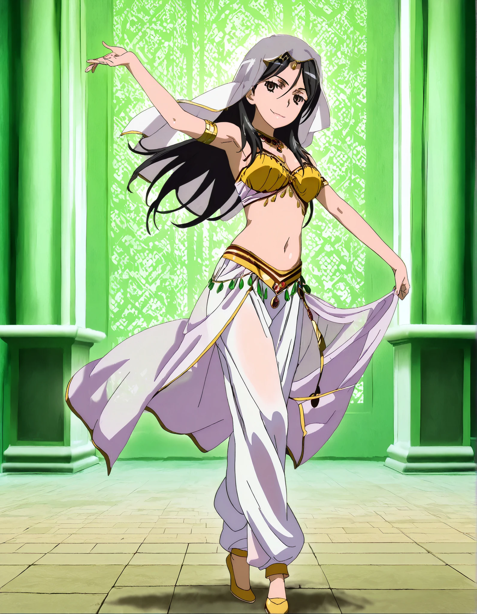(1girl:1 . 5) , (Seul:1 . 5) , score_9 , score_8_haut , score_7_haut , source_anime , Official work  , ultra-detailed , masterpiece , better quality , high resolution , beaux yeux , detailed eyes , Detailed face , beautiful detailed eyes, long hair, black hair, brown eyes, hair between eyes, parted bangs,Toaru Kagaku no Railgun,Fukiyose Seiri,Arabian Clothes , Arabian Dancer Outfit ,belly dancer costume,belly dancer outfit ,full body,golden jewelery,armlet, belly dancing,arabian garden,seductive smile, dancing with veil, dynamic movement,dance posture, seductive pose