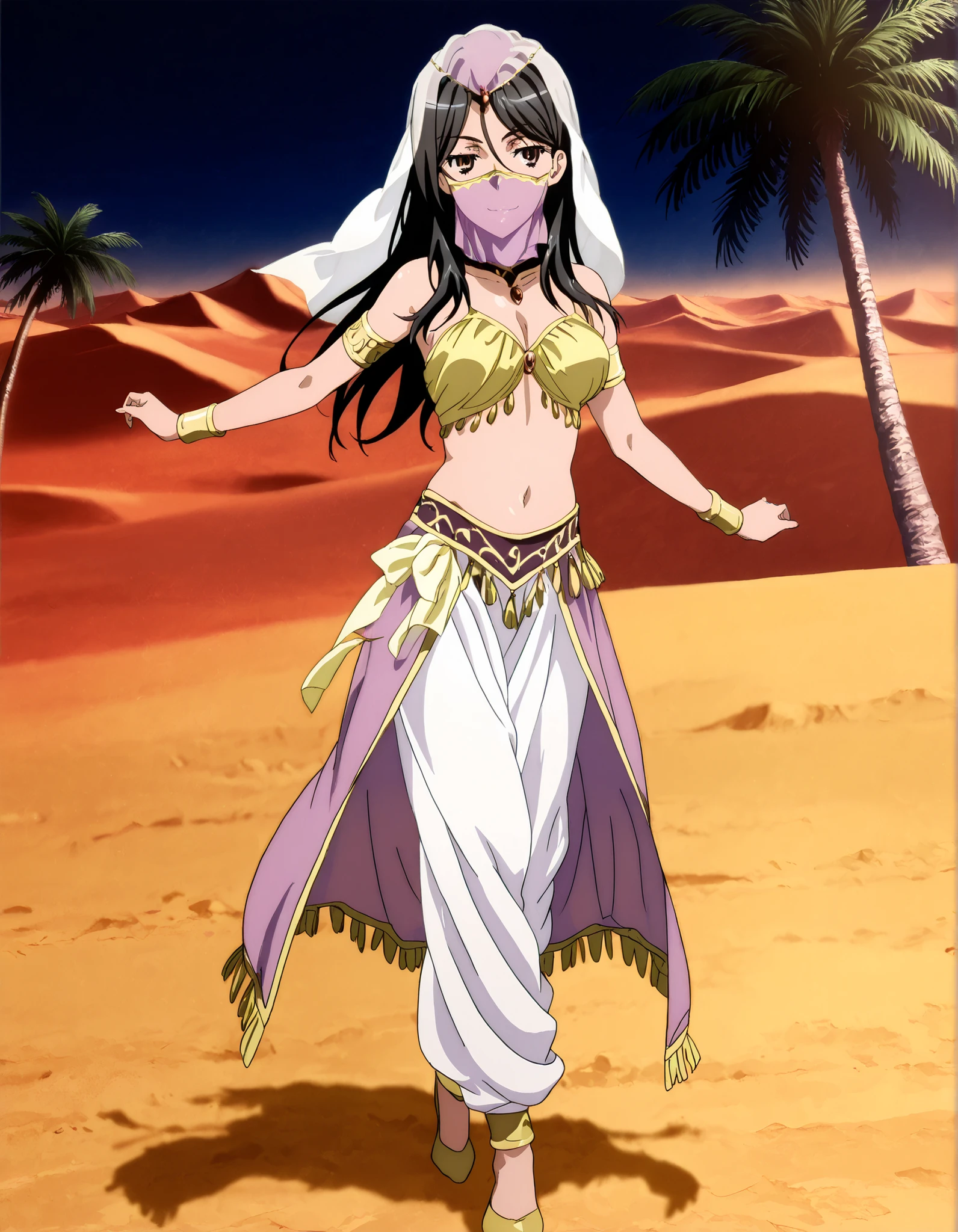 (1girl:1 . 5) , (Seul:1 . 5) , score_9 , score_8_haut , score_7_haut , source_anime , Official work , ultra-detailed , masterpiece , better quality , high resolution , beaux yeux , detailed eyes , Detailed face , beautiful detailed eyes, long hair, black hair, brown eyes, hair between eyes, parted bangs,Toaru Kagaku no Railgun,Fukiyose Seiri,Arabian Clothes , Arabian Dancer Outfit ,belly dancer costume,belly dancer outfit ,full body,golden jewelery,mouth veil,armlet, belly dancing,night,desert lands,palm tree,seductive smile, dancing with veil, dynamic movement,dance posture, seductive pose