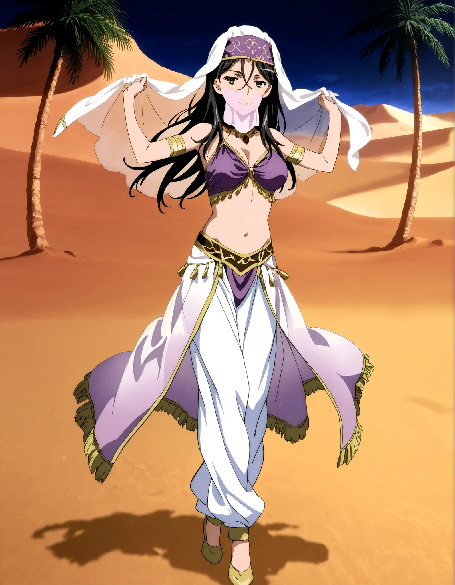 (1girl:1 . 5) , (Seul:1 . 5) , score_9 , score_8_haut , score_7_haut , source_anime , Official work , ultra-detailed , masterpiece , better quality , high resolution , beaux yeux , detailed eyes , Detailed face , beautiful detailed eyes, long hair, black hair, brown eyes, hair between eyes, parted bangs,Toaru Kagaku no Railgun,Fukiyose Seiri,Arabian Clothes , Arabian Dancer Outfit ,belly dancer costume,belly dancer outfit ,full body,golden jewelery,mouth veil,armlet, belly dancing,night,desert lands,palm tree,seductive smile, dancing with veil, dynamic movement,dance posture, seductive pose