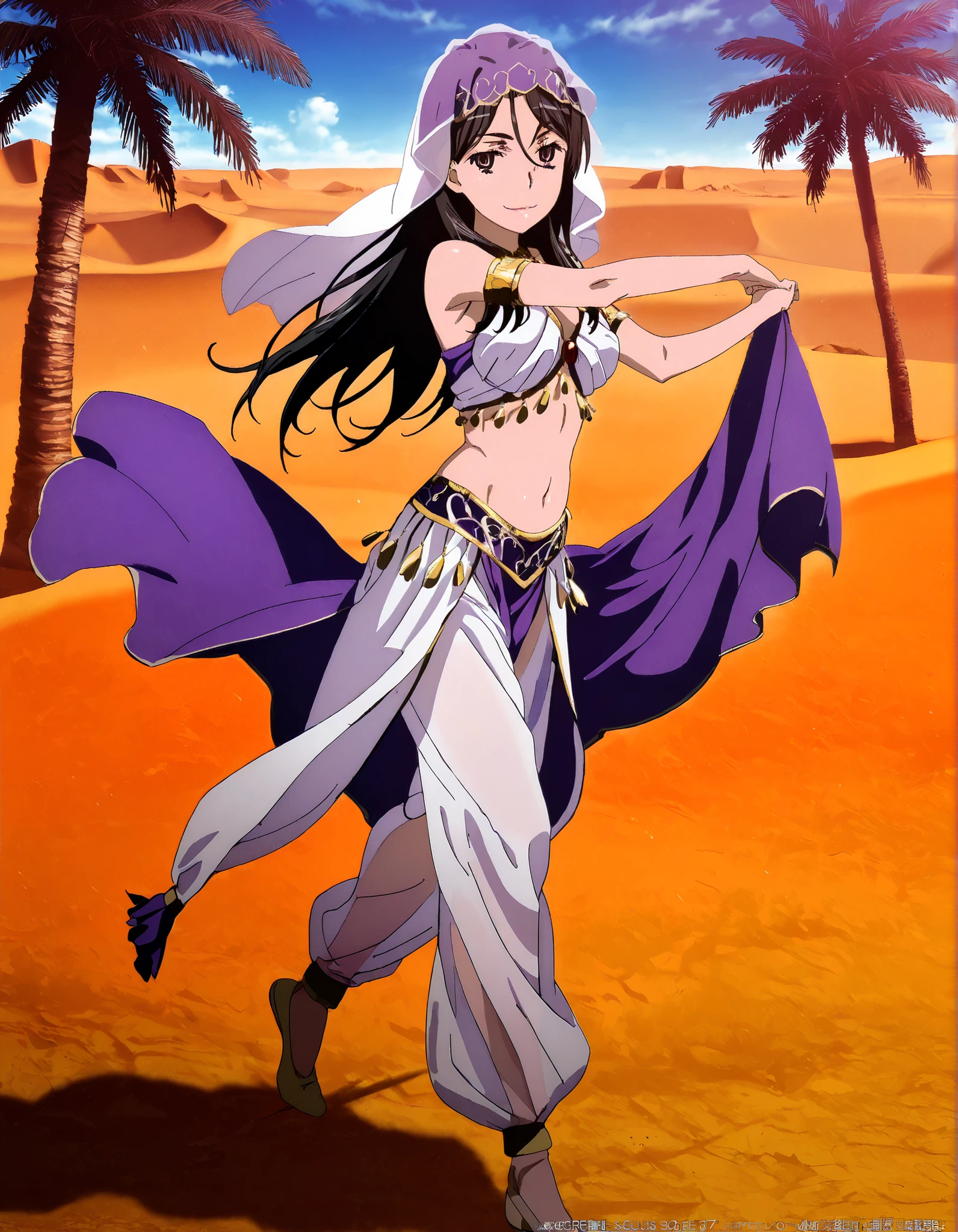 (1girl:1 . 5) , (Seul:1 . 5) , score_9 , score_8_haut , score_7_haut , source_anime , Official work , ultra-detailed , masterpiece , better quality , high resolution , beaux yeux , detailed eyes , Detailed face , beautiful detailed eyes, long hair, black hair, brown eyes, hair between eyes, parted bangs,Toaru Kagaku no Railgun,Fukiyose Seiri,Arabian Clothes , Arabian Dancer Outfit ,belly dancer costume,belly dancer outfit ,full body,golden jewelery,armlet, belly dancing,desert lands,palm tree,seductive smile, dancing with veil, dynamic movement,dance posture, seductive pose