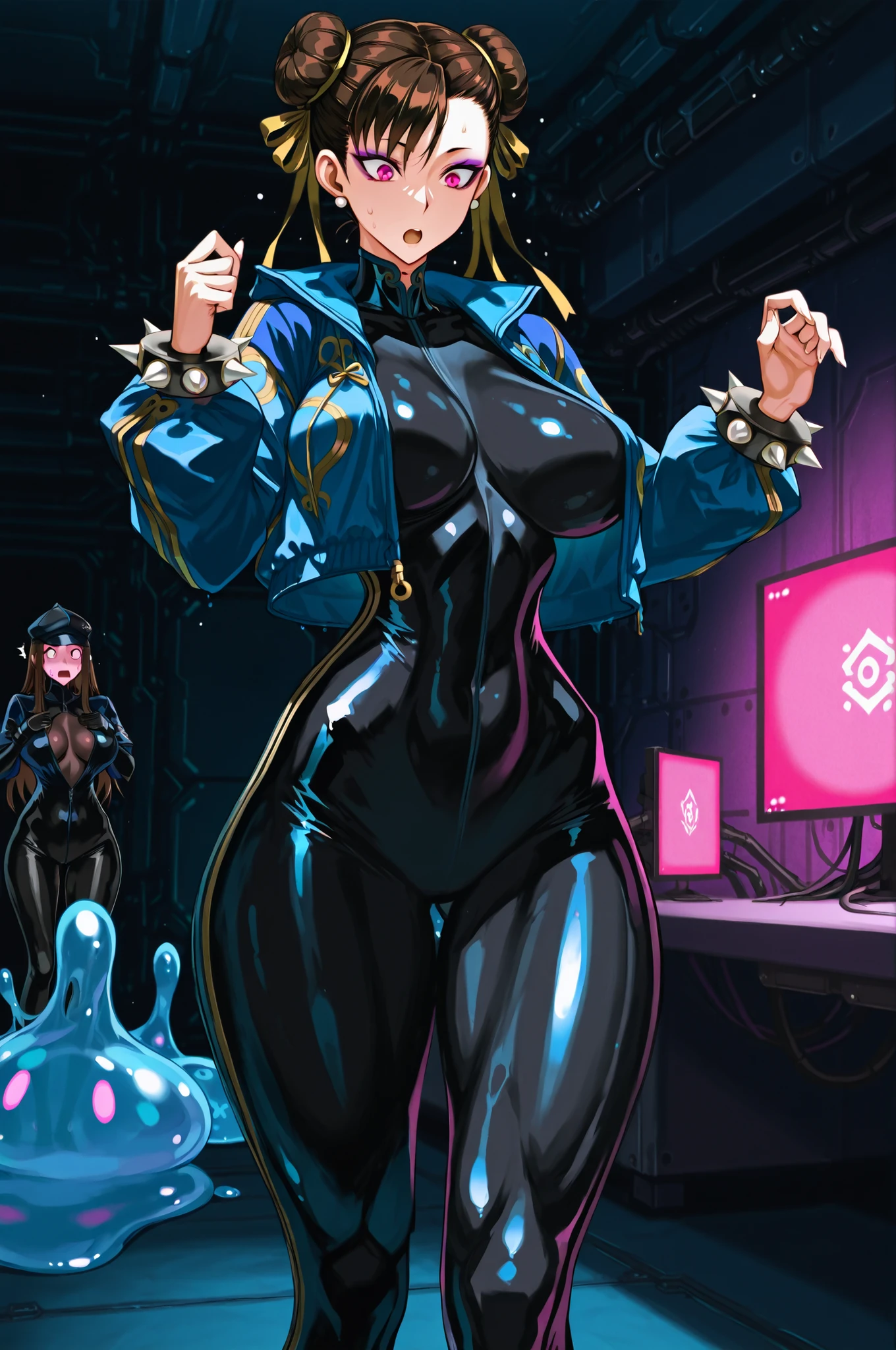Chun-Li. Brown hair. Mechanical black chignon cap. Glowing pink eyes. Villain eyeshadow. Purple eyeshadow. Surprised expression. Glossy. Black latex bodysuit. Blue jacket. Open front. Slime body. Big breasts. Slender body. Large waist. Massive legs. Detailed thighs. Dark room. Mechanical room. Glowing pink monitor.