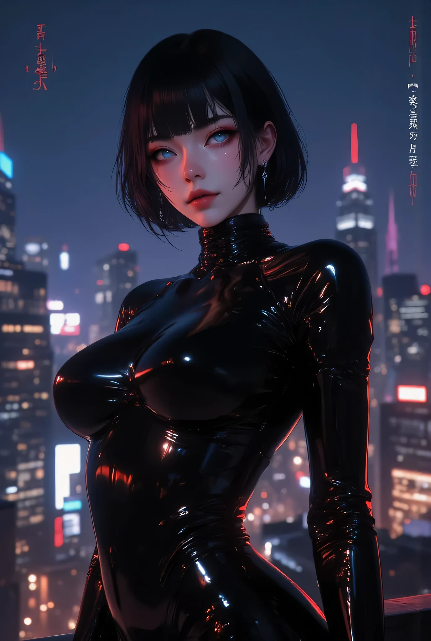 realistic, (1girl:1.5), black latex, black latex suit, stand on roof, night time, masterpiece, full body view, silent atmosphere, (city backgroud:1.7), strict expression, perfect face, detailed face, short black hairs, detailed eyes, light blue eyes, hd, hdr, best quality, lots of details, ultra sharp, ultra detailed, colorful, (mesmerizing eyes:1.4), (captivating smile:1.3), perfect proportions:1.3), (radiant complexion:1.3), (alluring gaze:1.3), (feminine charm:1.4), (timeless beauty:1.4), (highly detailed:1.4), (sharp focus:1.3), (soft lighting:1.3), (dreamy atmosphere:1.3), (rich color palette:1.3), (complementary colors:1.2), (8k resolution:1.3), (octane render:1.3), (ray tracing:1.2), (HDR:1.2), (photorealistic:1.4), (masterpiece:1.5), (award-winning:1.4), (trending on Artstation:1.3),(global illumination:1.2), (hyper-detailed skin texture:1.4), (enchanting:1.4), (mesmerizing:1.4), (unforgettable:1.3), (masterpiece), (best quality), (ultra-detailed), very aesthetic, illustration, disheveled hair, perfect composition, moist skin, intricate details, concept art, digital artwork, illustrative, painterly, matte painting, highly detailed