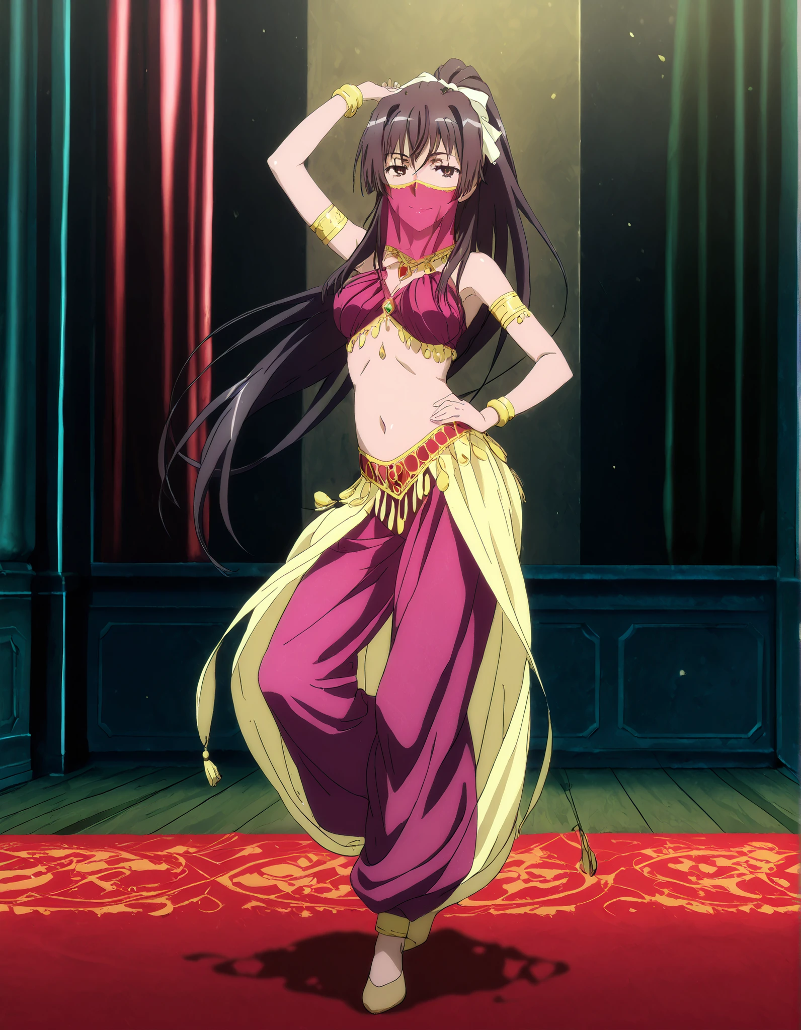(1girl:1 . 5) , (Seul:1 . 5) , score_9 , score_8_haut , score_7_haut , source_anime , Official work , ultra-detailed , masterpiece , better quality , high resolution , beaux yeux , detailed eyes , Detailed face , beautiful detailed eyes, long hair,ribbon,ponytail,very long hair ,brown eyes,Toaru Kagaku no Railgun,Arabian Clothes , Arabian Dancer Outfit ,belly dancer costume,belly dancer outfit ,full body,golden jewelery,mouth veil,armlet, belly dancing,arabian theater,seductive smile, dancing with veil, dynamic movement,dance posture, seductive pose