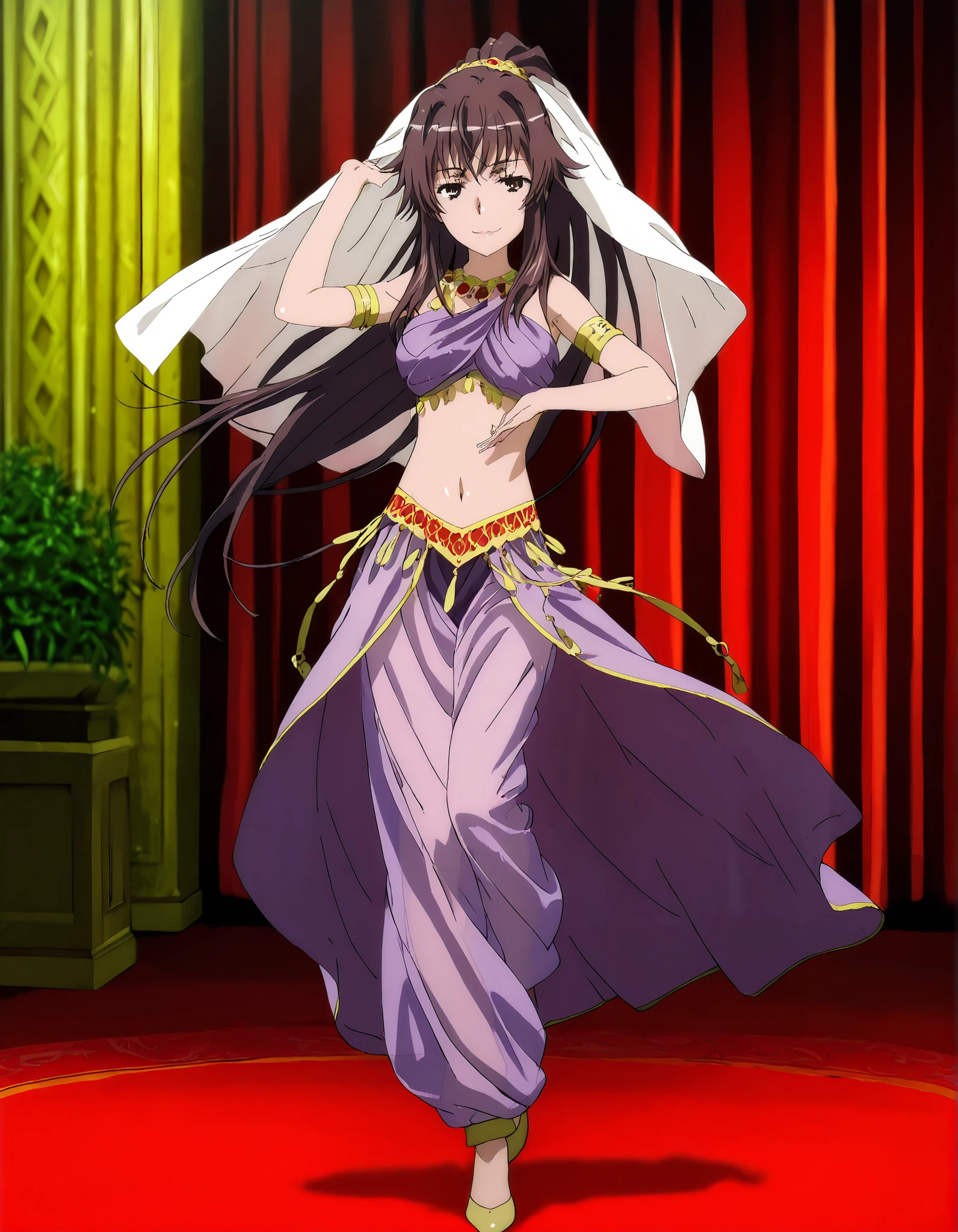 (1girl:1 . 5) , (Seul:1 . 5) , score_9 , score_8_haut , score_7_haut , source_anime , Official work  , ultra-detailed , masterpiece , better quality , high resolution , beaux yeux , detailed eyes , Detailed face , beautiful detailed eyes, long hair,ribbon,ponytail,very long hair ,brown eyes,Toaru Kagaku no Railgun,Kaori Kanzaki,Arabian Clothes , Arabian Dancer Outfit ,belly dancer costume,belly dancer outfit ,full body,golden jewelery,armlet, belly dancing,arabian theater,seductive smile, dancing with veil, dynamic movement,dance posture, seductive pose