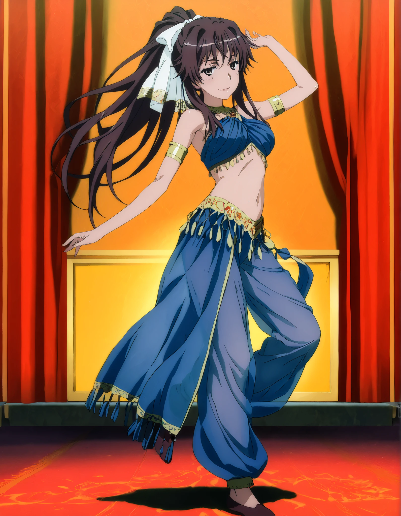 (1girl:1 . 5) , (Seul:1 . 5) , score_9 , score_8_haut , score_7_haut , source_anime , Official work  , ultra-detailed , masterpiece , better quality , high resolution , beaux yeux , detailed eyes , Detailed face , beautiful detailed eyes, long hair,ribbon,ponytail,very long hair ,brown eyes,Toaru Kagaku no Railgun,Kaori Kanzaki,Arabian Clothes , Arabian Dancer Outfit ,belly dancer costume,belly dancer outfit ,full body,golden jewelery,armlet, belly dancing,arabian theater,seductive smile, dancing with veil, dynamic movement,dance posture, seductive pose