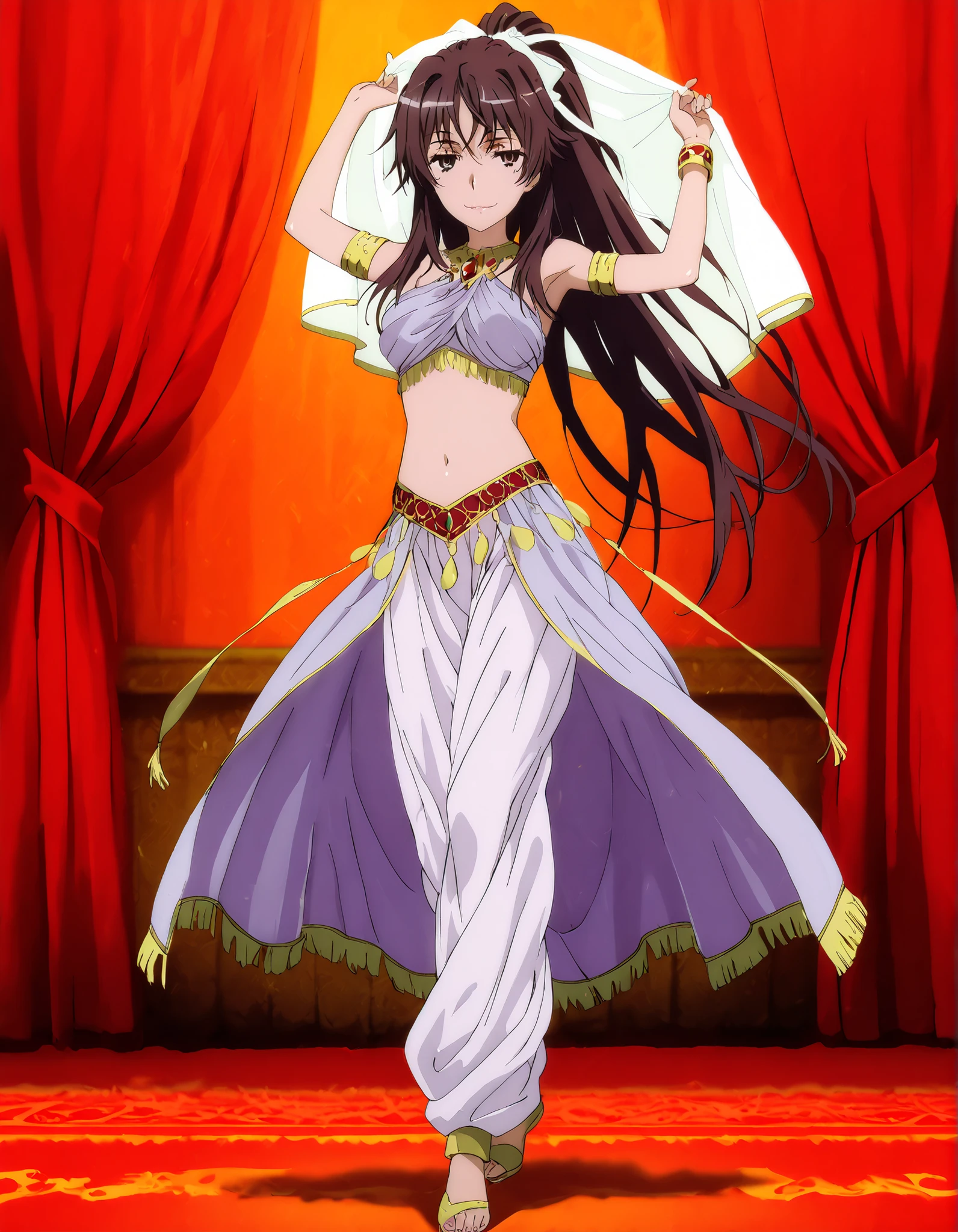 (1girl:1 . 5) , (Seul:1 . 5) , score_9 , score_8_haut , score_7_haut , source_anime , Official work , ultra-detailed , masterpiece , better quality , high resolution , beaux yeux , detailed eyes , Detailed face , beautiful detailed eyes, long hair,ribbon,ponytail,very long hair ,brown eyes,Toaru Kagaku no Railgun,Kaori Kanzaki,Arabian Clothes , Arabian Dancer Outfit ,belly dancer costume,belly dancer outfit ,full body,golden jewelery,armlet, belly dancing,arabian theater,seductive smile, dancing with veil, dynamic movement,dance posture, seductive pose