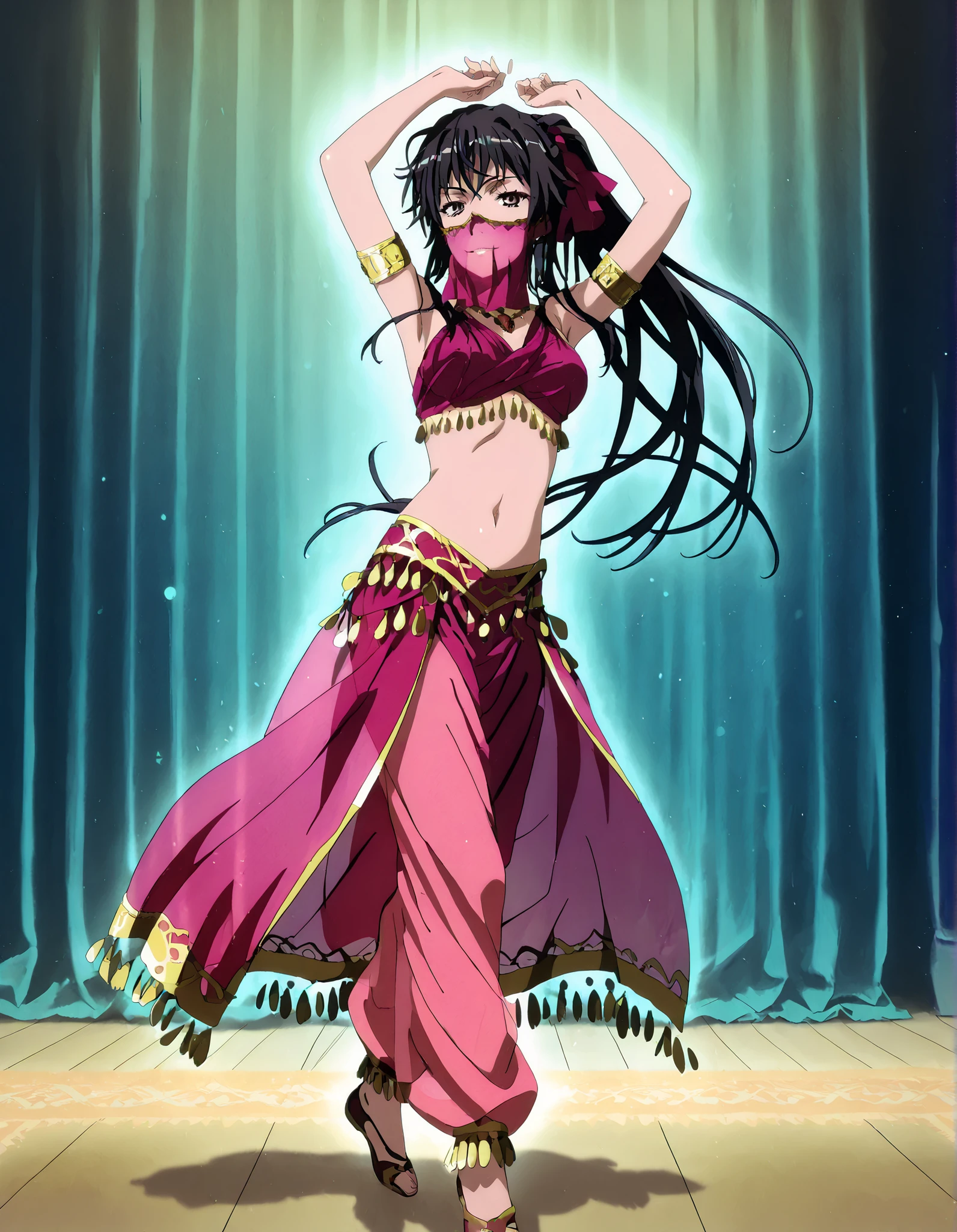 (1girl:1 . 5) , (Seul:1 . 5) , score_9 , score_8_haut , score_7_haut , source_anime , Official work , ultra-detailed , masterpiece , better quality , high resolution , beaux yeux , detailed eyes , Detailed face , beautiful detailed eyes, black hair, long hair,ribbon,ponytail,very long hair ,brown eyes,Toaru Kagaku no Railgun,Kaori Kanzaki,Arabian Clothes , Arabian Dancer Outfit ,belly dancer costume,belly dancer outfit ,full body,golden jewelery,mouth veil,armlet, belly dancing,arabian theater,seductive smile, dancing with veil, dynamic movement,dance posture, pose