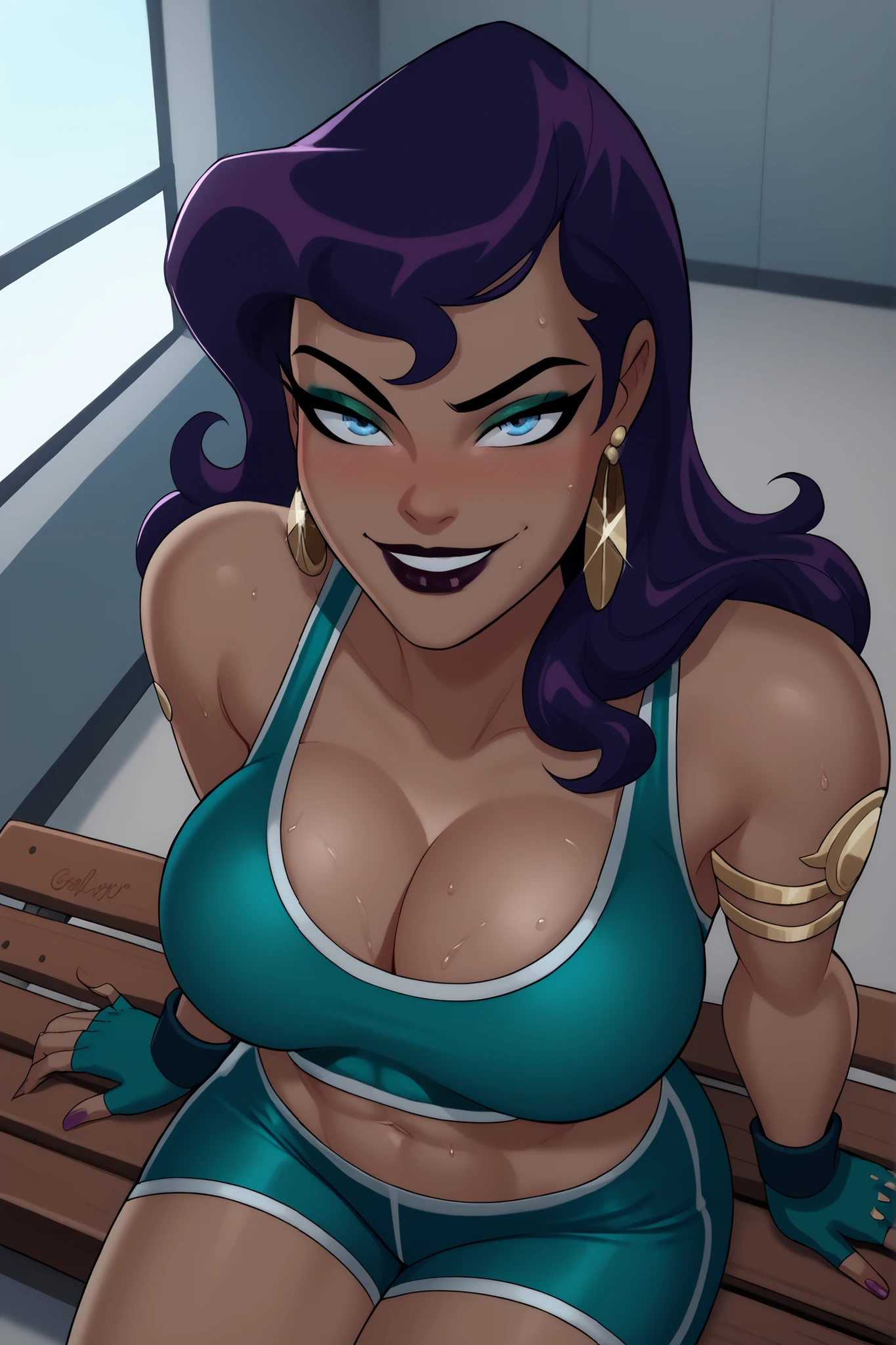 BREAK, score_9, score_8_up, score_7_up, score_6_up, masterpiece, high quality, NorCirce, 1girl, solo, purple hair, long hair, blue eyes, earrings, jewelry, , cleavage, curvy, athletic, dark-skinned female, lipstick, makeup, looking at viewer, seducing viewer, teasing viewer, smile, closed mouth,  expression, bedroom eyes, busty, teal green sports bra, teal green gym shorts, teal green fingerless gloves, sitting on bench, indoors, gym, portrait, upper body, closeup, high-angle view, dark purple eyeshadow, sweaty, sweat drops, blushing 