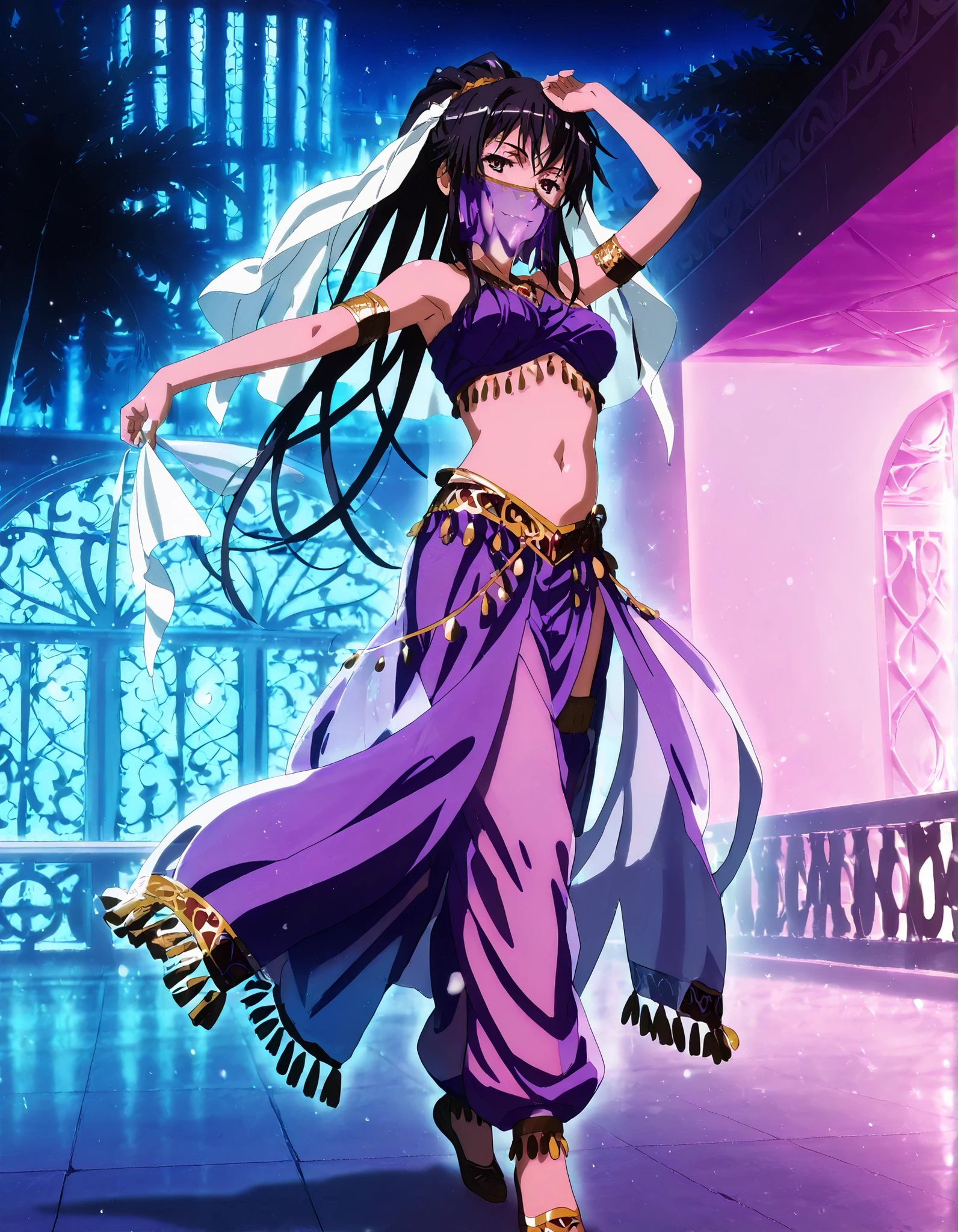(1girl:1 . 5) , (Seul:1 . 5) , score_9 , score_8_haut , score_7_haut , source_anime , Official work , ultra-detailed , masterpiece , better quality , high resolution , beaux yeux , detailed eyes , Detailed face , beautiful detailed eyes, black hair, long hair,ribbon,ponytail,very long hair ,brown eyes,Toaru Kagaku no Railgun,Kaori Kanzaki,Arabian Clothes , Arabian Dancer Outfit ,belly dancer costume,belly dancer outfit ,full body,golden jewelery,mouth veil,armlet, belly dancing,night,arabian garden,seductive smile, dancing with veil, dynamic movement,dance posture, seductive pose