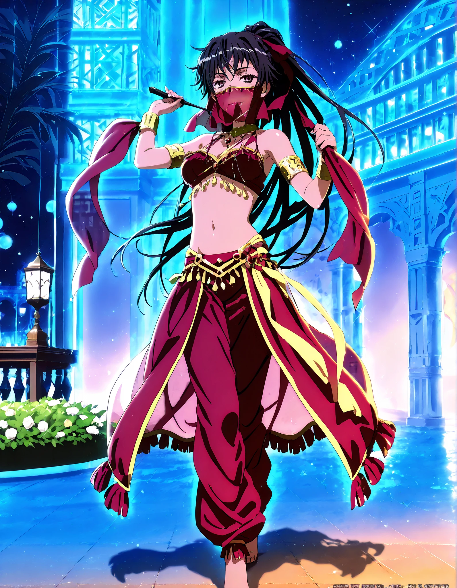 (1girl:1 . 5) , (Seul:1 . 5) , score_9 , score_8_haut , score_7_haut , source_anime , Official work  , ultra-detailed , masterpiece , better quality , high resolution , beaux yeux , detailed eyes , Detailed face , beautiful detailed eyes, black hair, long hair,ribbon,ponytail,very long hair ,brown eyes,Toaru Kagaku no Railgun,Kaori Kanzaki,Arabian Clothes , Arabian Dancer Outfit ,belly dancer costume,belly dancer outfit ,full body,golden jewelery,mouth veil,armlet, belly dancing,night,arabian garden,seductive smile, dancing with veil, dynamic movement,dance posture,  pose