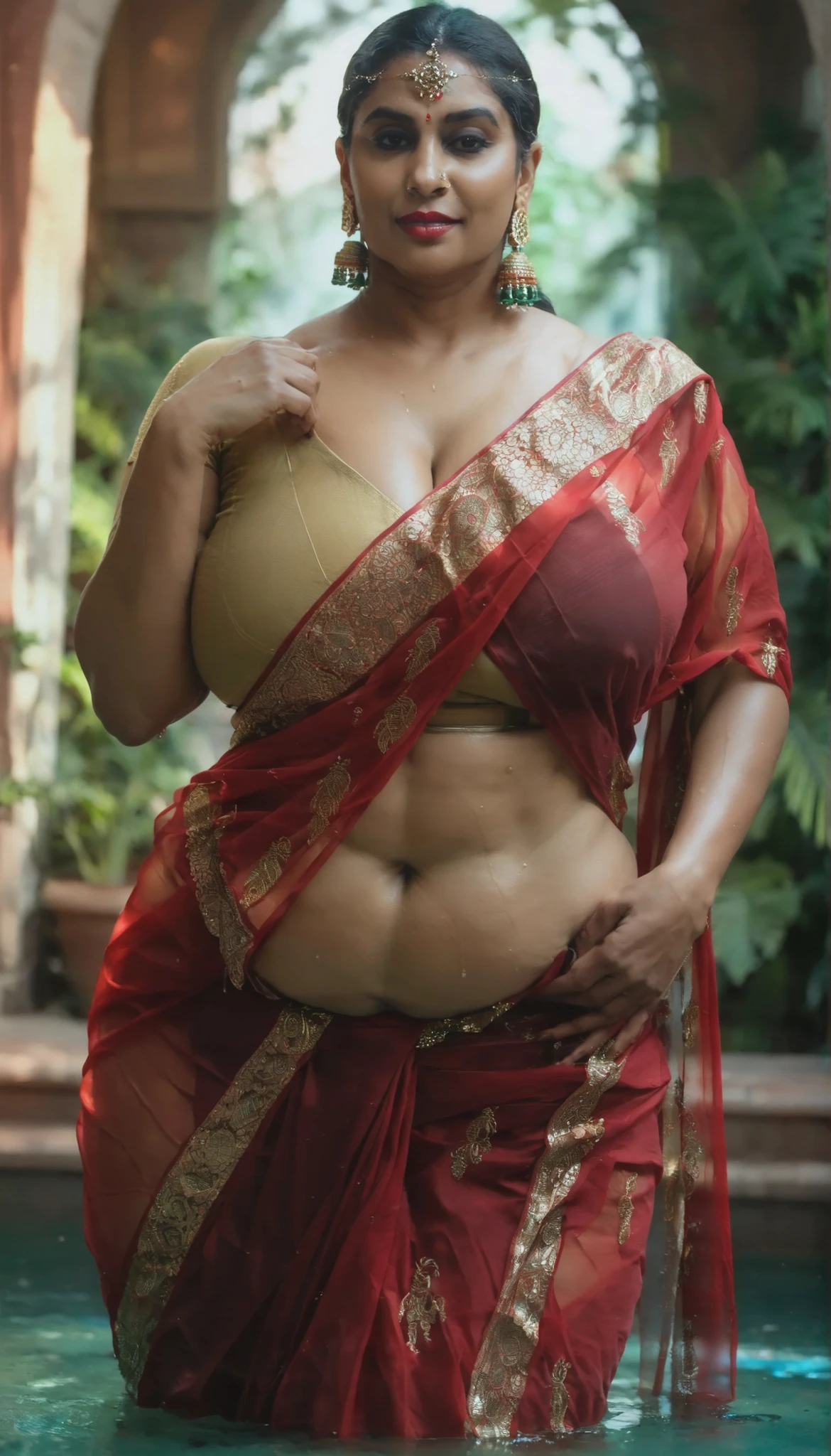 1woman, solo, mature, Indian woman,huge breast, thick wide hips, thick wide thighs, thick muscular thighs, oily skin, shiny skin, realistic skin, chubby hips, wide curvy hips, voluptuous body, Curvy body, thicc woman, navel, exposed belly, abs line, indian woman, indian baddie, indian culture, red bindi on her forehead, red lipstick, masterpiece, looking at viewer, half body, closer, perfect lighting, wet skin, on water, wet clothes,