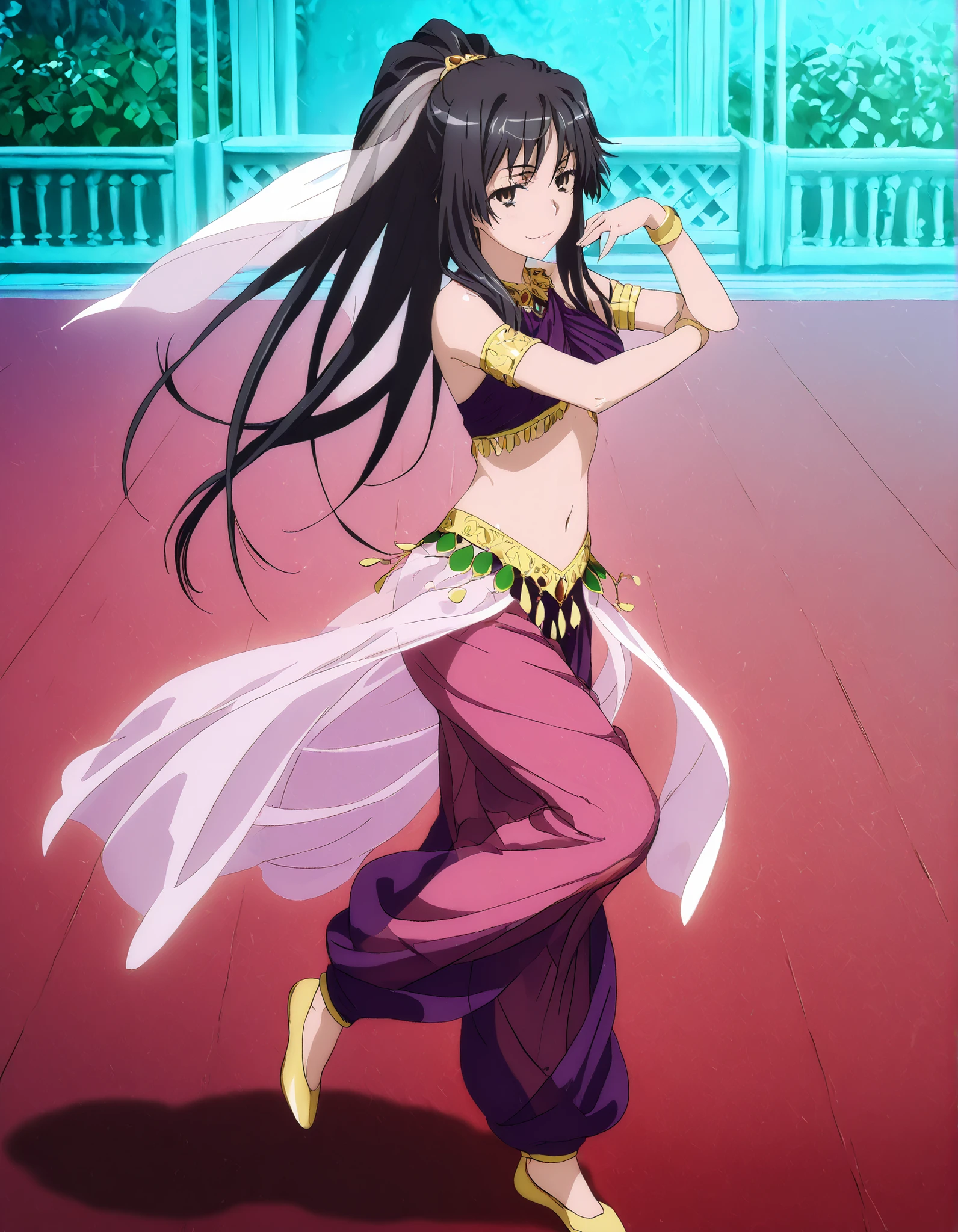 (1girl:1 . 5) , (Seul:1 . 5) , score_9 , score_8_haut , score_7_haut , source_anime , Official work , ultra-detailed , masterpiece , better quality , high resolution , beaux yeux , detailed eyes , Detailed face , beautiful detailed eyes, black hair, long hair,ribbon,ponytail,very long hair ,brown eyes,Toaru Kagaku no Railgun,Kaori Kanzaki,Arabian Clothes , Arabian Dancer Outfit ,belly dancer costume,belly dancer outfit ,full body,golden jewelery,armlet, belly dancing,arabian garden,seductive smile, dancing with veil, dynamic movement,dance posture, seductive pose