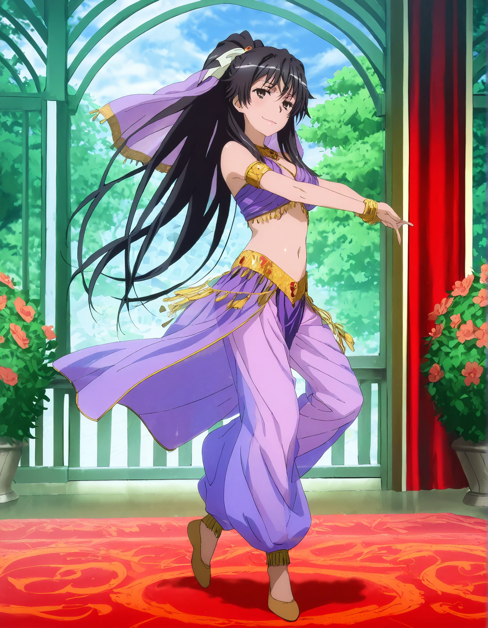 (1girl:1 . 5) , (Seul:1 . 5) , score_9 , score_8_haut , score_7_haut , source_anime , Official work , ultra-detailed , masterpiece , better quality , high resolution , beaux yeux , detailed eyes , Detailed face , beautiful detailed eyes, black hair, long hair,ribbon,ponytail,very long hair ,brown eyes,Toaru Kagaku no Railgun,Kaori Kanzaki,Arabian Clothes , Arabian Dancer Outfit ,belly dancer costume,belly dancer outfit ,full body,golden jewelery,armlet, belly dancing,arabian garden,seductive smile, dancing with veil, dynamic movement,dance posture, seductive pose
