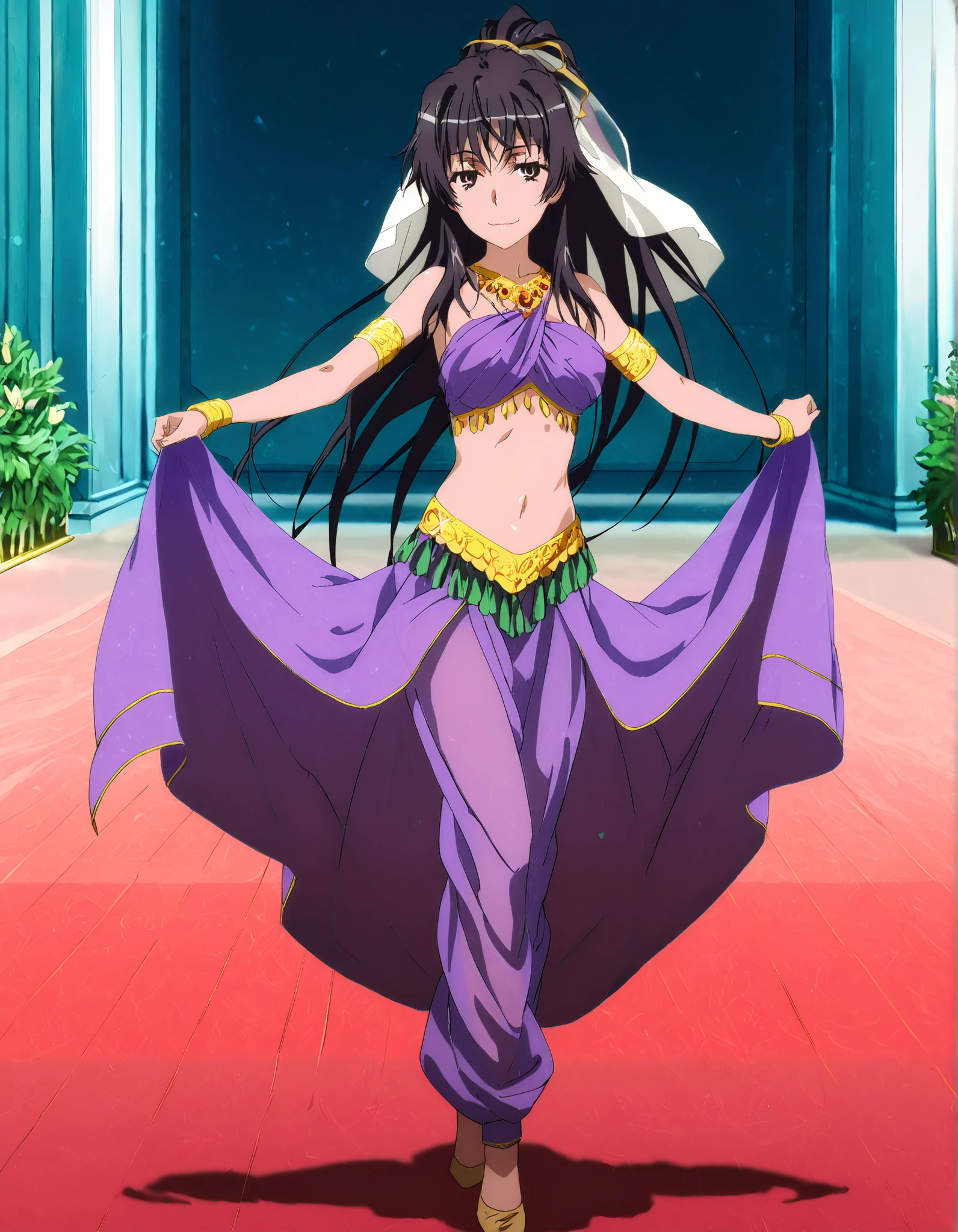 (1girl:1 . 5) , (Seul:1 . 5) , score_9 , score_8_haut , score_7_haut , source_anime , Official work , ultra-detailed , masterpiece , better quality , high resolution , beaux yeux , detailed eyes , Detailed face , beautiful detailed eyes, black hair, long hair,ribbon,ponytail,very long hair ,brown eyes,Toaru Kagaku no Railgun,Kaori Kanzaki,Arabian Clothes , Arabian Dancer Outfit ,belly dancer costume,belly dancer outfit ,full body,golden jewelery,armlet, belly dancing,arabian garden,seductive smile, dancing with veil, dynamic movement,dance posture, seductive pose