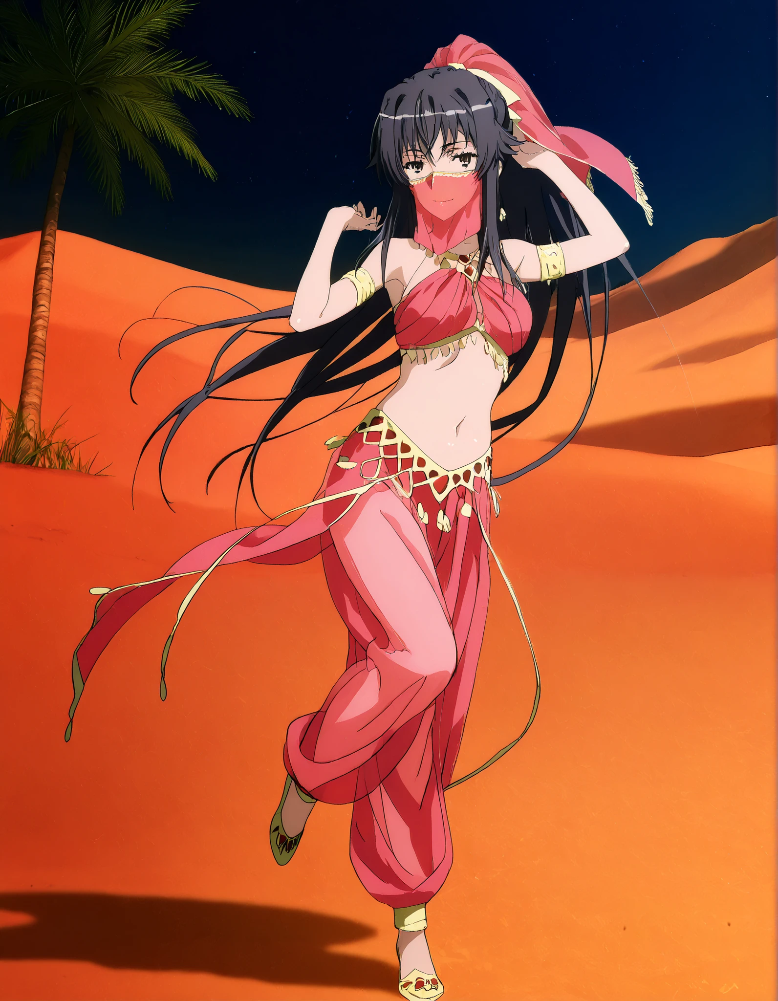 (1girl:1 . 5) , (Seul:1 . 5) , score_9 , score_8_haut , score_7_haut , source_anime , Official work , ultra-detailed , masterpiece , better quality , high resolution , beaux yeux , detailed eyes , Detailed face , beautiful detailed eyes, black hair, long hair,ribbon,ponytail,very long hair ,brown eyes,Toaru Kagaku no Railgun,Kaori Kanzaki,Arabian Clothes , Arabian Dancer Outfit ,belly dancer costume,belly dancer outfit ,full body,golden jewelery,mouth veil,armlet, belly dancing,night,desert lands,palm tree,seductive smile, dancing with veil, dynamic movement,dance posture, seductive pose