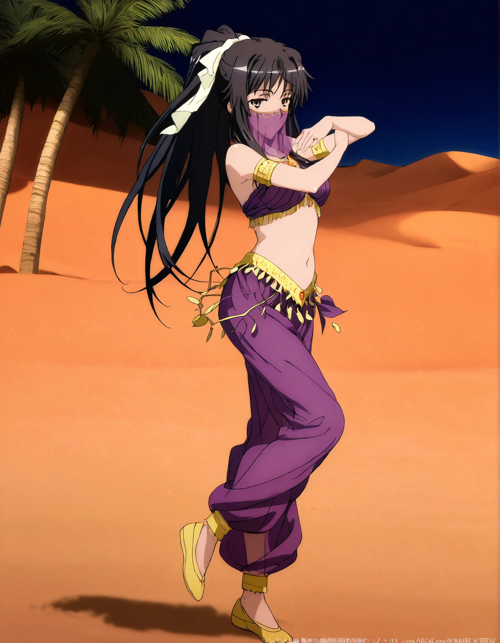 (1girl:1 . 5) , (Seul:1 . 5) , score_9 , score_8_haut , score_7_haut , source_anime , Official work  , ultra-detailed , masterpiece , better quality , high resolution , beaux yeux , detailed eyes , Detailed face , beautiful detailed eyes, black hair, long hair,ribbon,ponytail,very long hair ,brown eyes,Toaru Kagaku no Railgun,Kaori Kanzaki,Arabian Clothes , Arabian Dancer Outfit ,belly dancer costume,belly dancer outfit ,full body,golden jewelery,mouth veil,armlet, belly dancing,night,desert lands,palm tree,seductive smile, dancing with veil, dynamic movement,dance posture, seductive pose